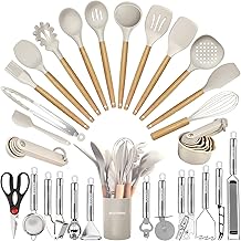 Kitchen Utensils Set- 35 PCs Cooking Utensils with Grater,Tongs, Spoon Spatula & Turner Made of Heat Resistant Food Grade Silicone and Handles Wooden Kitchen Gadgets Tools Set for Nonstick Cookware