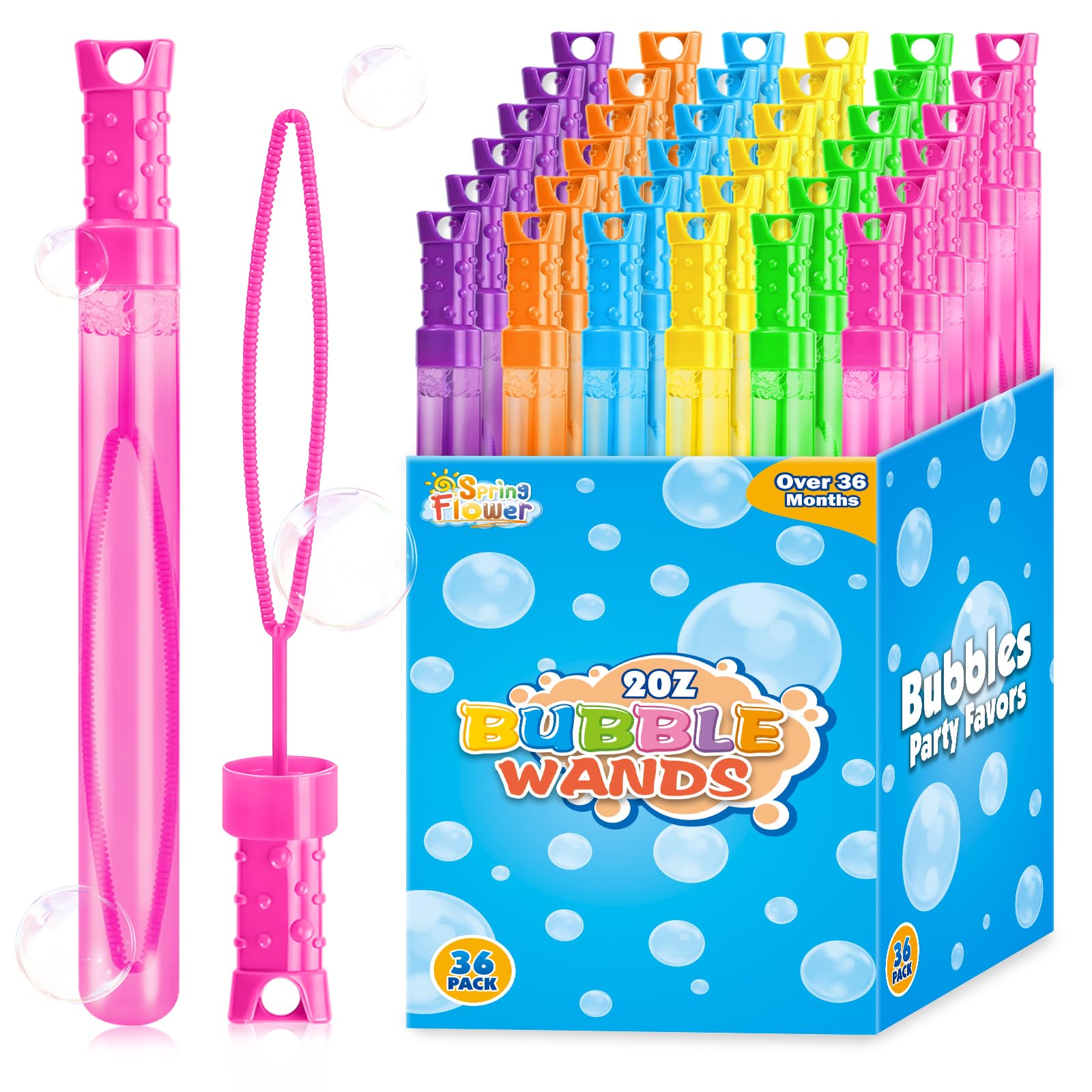 Photo 1 of SpringFlower 36 Pcs Bubble for Kids, 2OZ Bubble Wands in 6 Colors, Bubble Bulk for Kid Party Favors, Summer Toys, Indoor & Outdoor Activities, Birthday, Wedding, Goodie Bags, Carnival Prizes