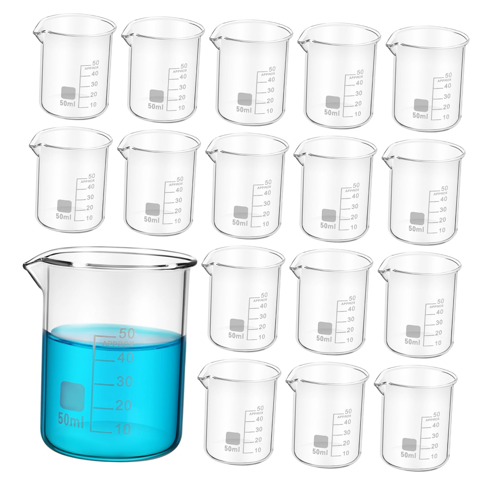 Becher da Laboratorio in Vetro Graduato 50ml 20 Pezzi | Misurazione Precisa, Facile da Pulire, Forniture per Chimica e Uso Scolastico