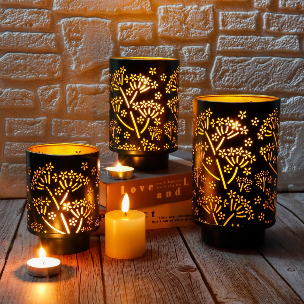 JHY DESIGN Set of 3 Metal Candle Holders 7.5“H Green Hurricane Pillar Candleholder Vintage Table Candlestick Holders Great Centerpieces for Home Decor