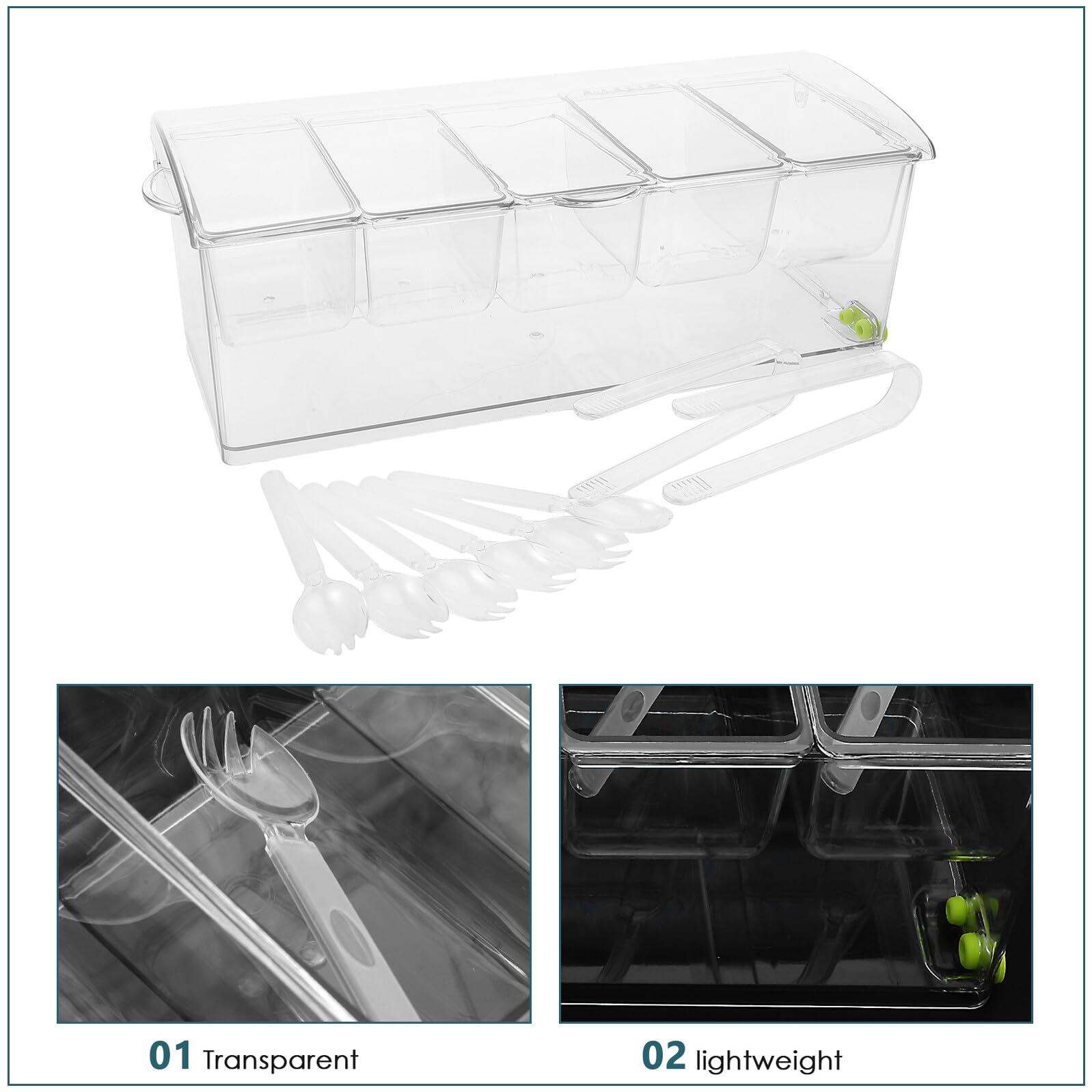 COLLBATH Set 9 Pezzi Vassoio per Condimenti Refrigerato con Coperchio Contenitore Trasparente in Plastica 5 Scomparti per Frutta Insalata e Snack da Bar per Buffet e Cocktail