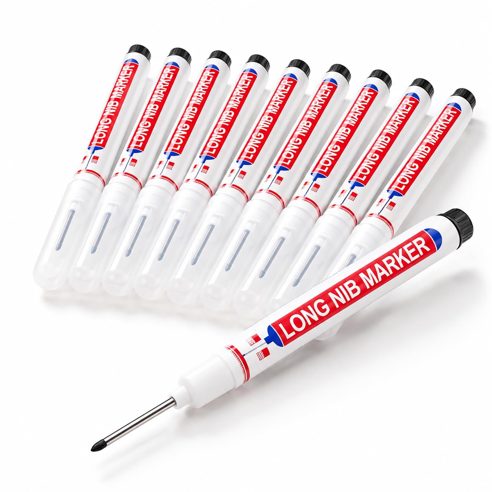 10 Stück Tieflochmarker, Schwarz, Textmarker, Zimmermannsmarker lang, 20 mm, Zimmermannsmarker für Holz, Metall, Kunststoff, präzise Markierung für enge und schwierige Bereiche