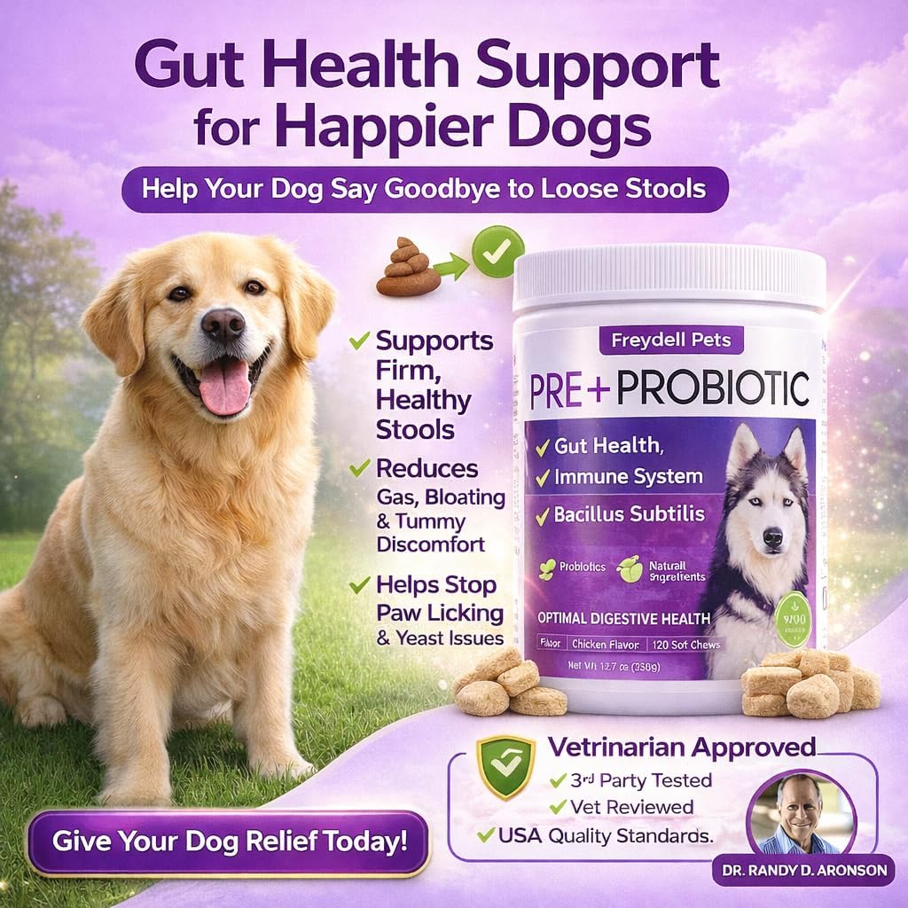 Freydell Pets Probiotics for Dogs– Digestive Enzymes, Prebiotics & Fiber Soft Chews – Gut Health, Diarrhea Relief, Yeast Balance, Immune Support, Pumpkin & Papaya – Dog Probiotic Supplement 120 Chews