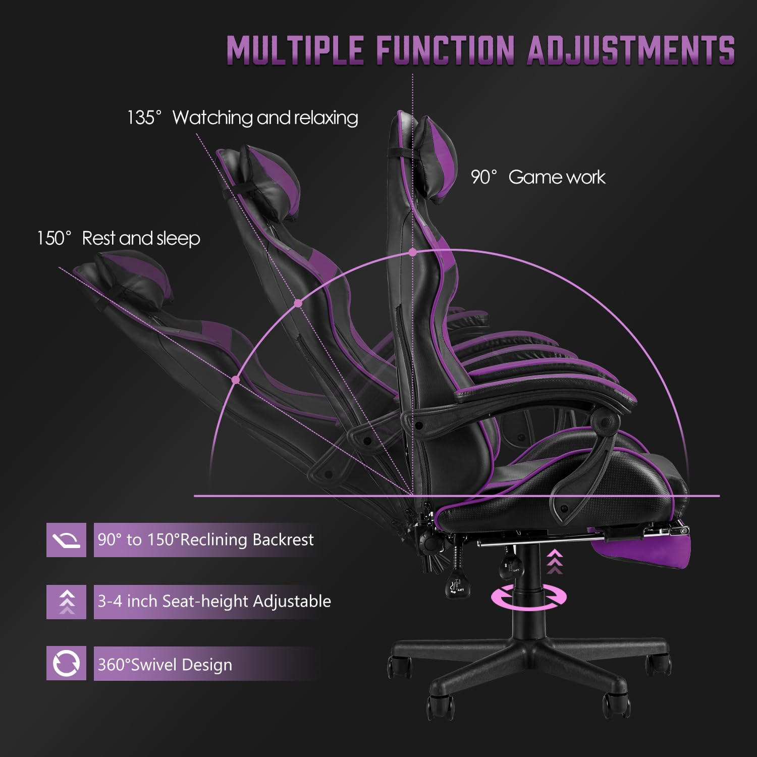 Huracan Gaming-Stuhl Ergonomisch, Gaming Chair PC Stuhl mit Massagefunktion, Atmungsaktiv PU-Leder, Höhenverstellbar Gamer Stuhl, verstellbare Armlehnen, Kopf- und Lendenstütze für Gamer, Lila