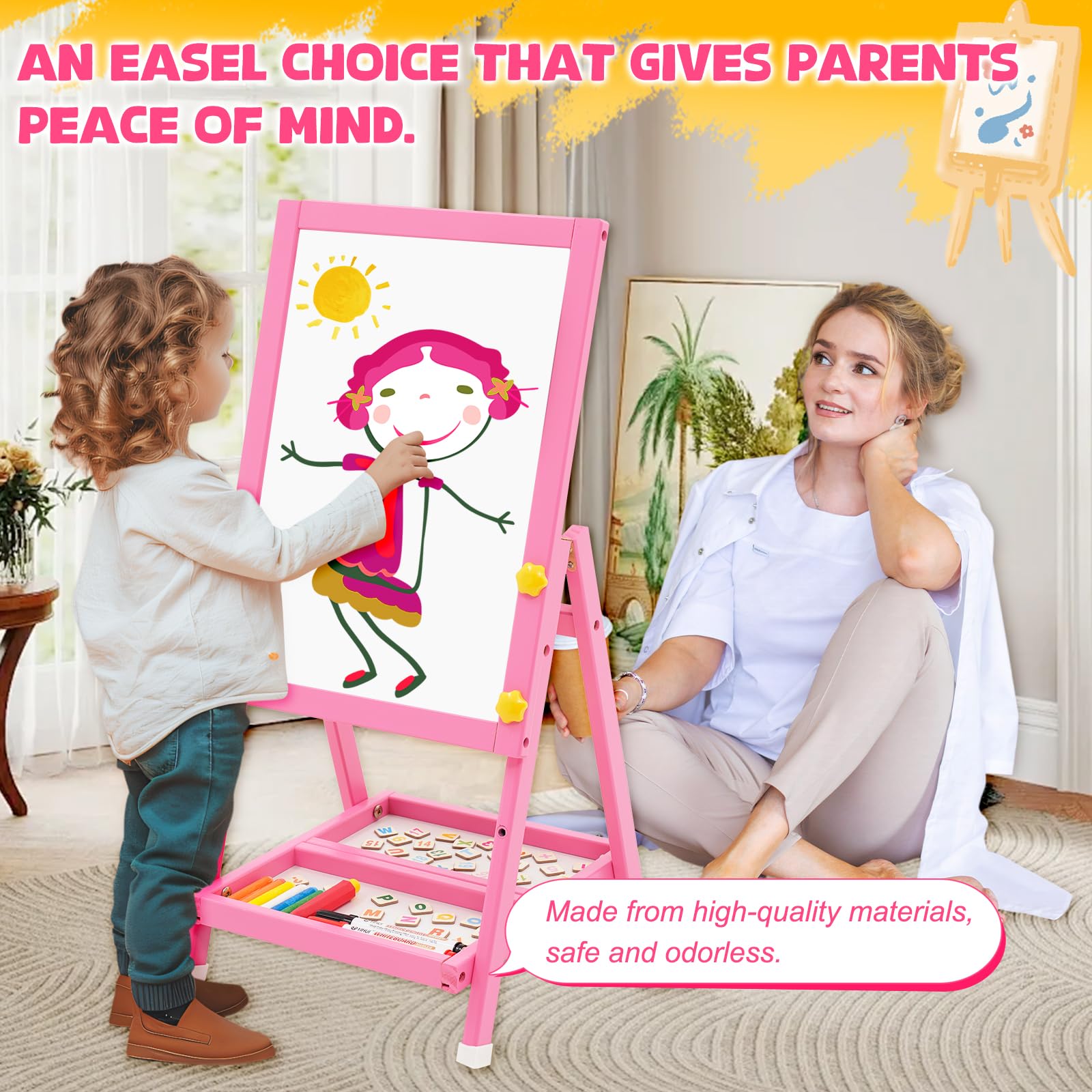 Caballete de Madera para Niños, Art Easel Pizarra Blanca de Doble Cara y Pizarra de Tiza Mini Rosa Caballete Infantil con Números y Otros Accesorios para Niños y Pequeños
