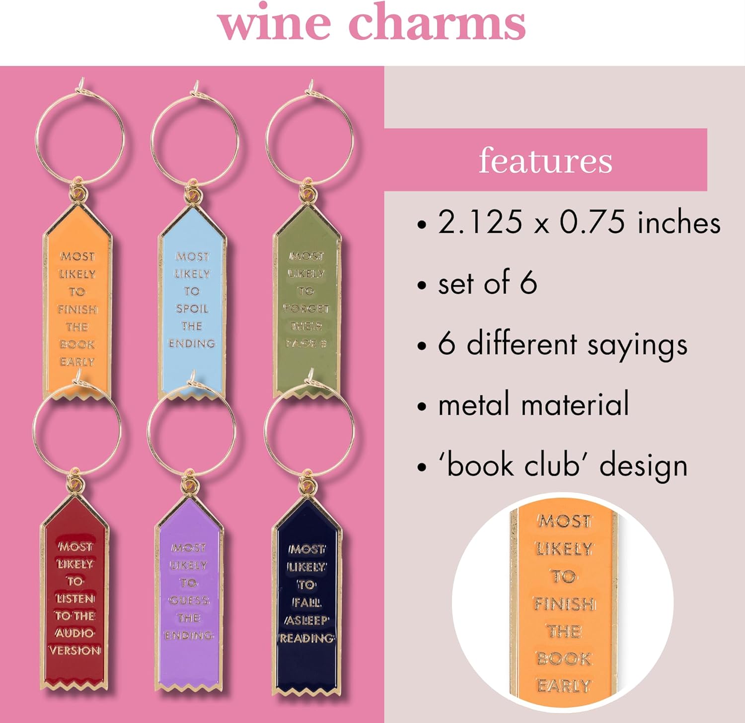 kate spade new york Book Theme Drink Glass Markers, Cup Identifier Wine Charm Tags, Wine Glass Clips for Champagne Flutes, Cocktails, and Martinis (Book Club)