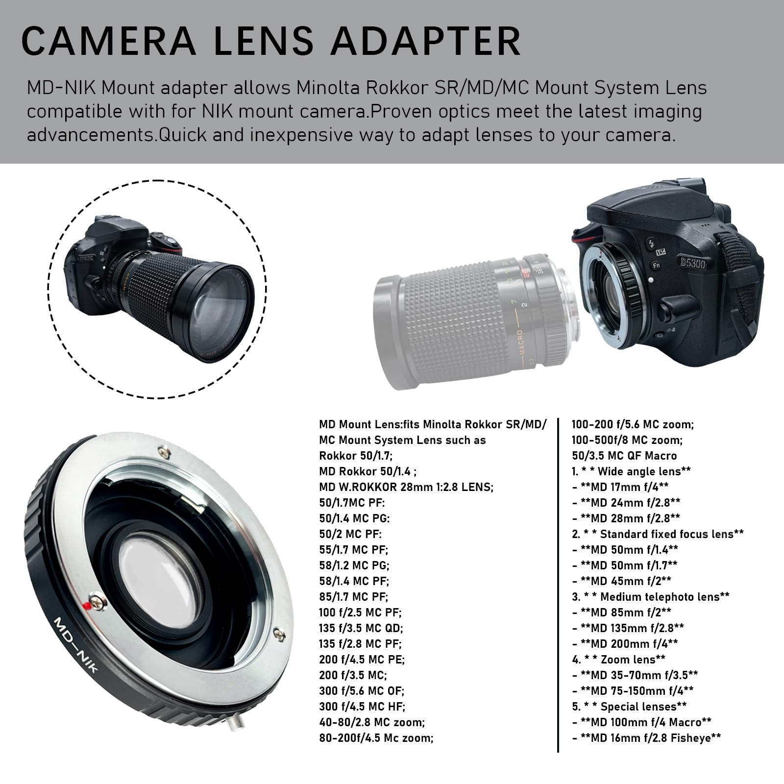 Adaptateur d'objectif MD vers Nik - Compatible avec objectif Minolta (MD/MC) sur appareils photo reflex Nik-F D780, D3000, D3100, D3200, D3400, D3400, D5000, D5100, D5200(MD vers Nik(Ai) - Avec