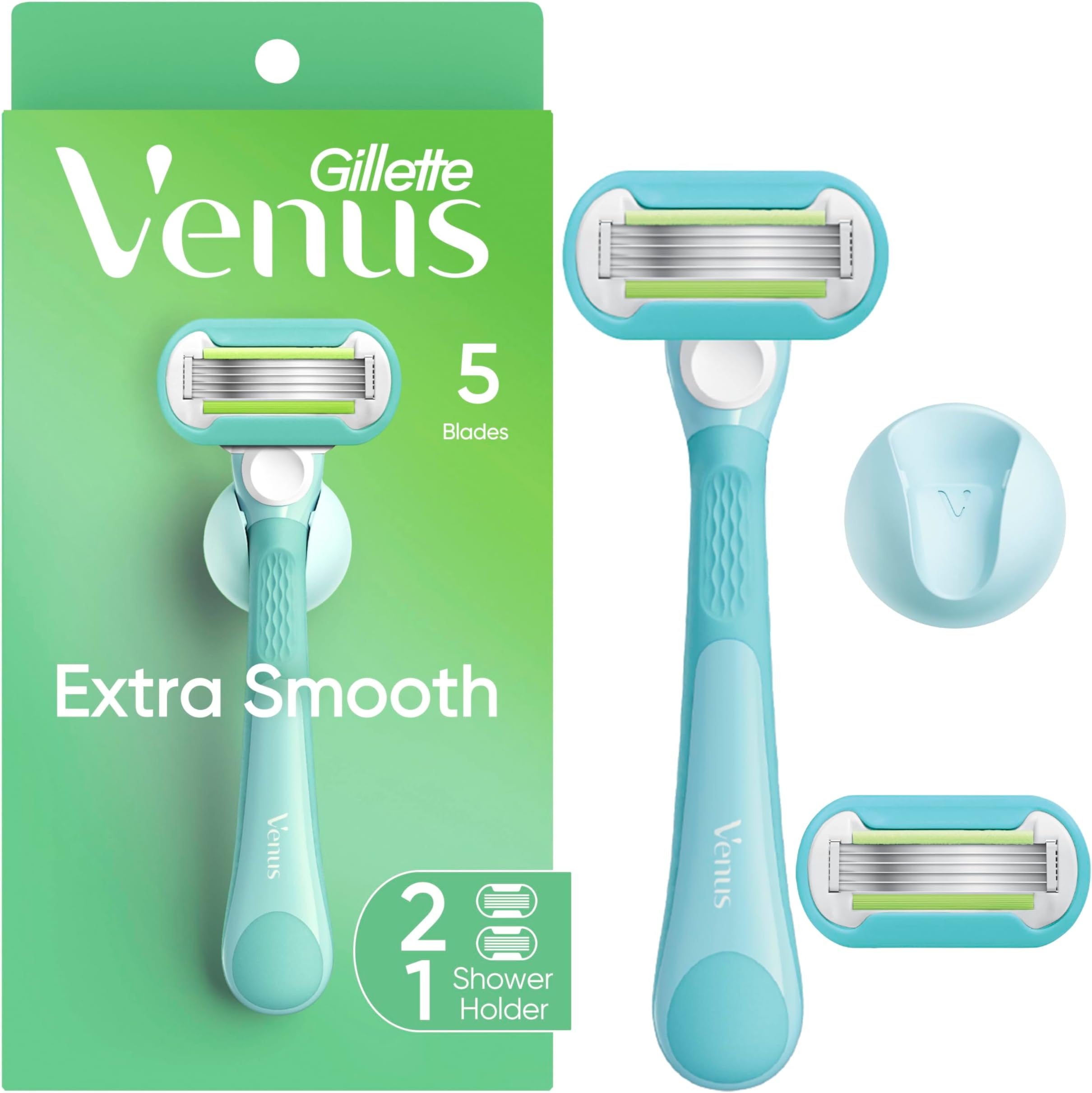 Extra Smooth Razor for Women, Includes 1 Reusable Razor Handle + 2 Refills, Ergonomic No-Slip Gel Handle and Shower Holder