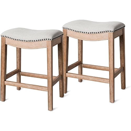 Maven Lane Adrien Backless Counter Stool – Set of 2 – 26 Inches – Saddle Stool with Footrest – Brown Solid Wood Frame & Natural Fabric Upholstery – Perfect for Kitchen Islands & Counters