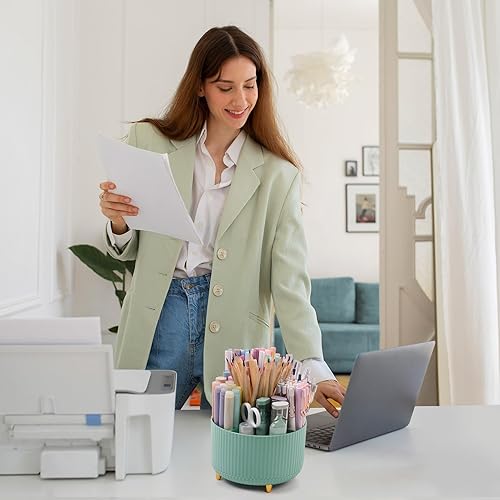 Miniatura 97 de SKYDUE Organizador de escritorio giratorio de 360 grados, soporte de lápiz de doble propósito para escritorio, organizador de bolígrafos de Verde