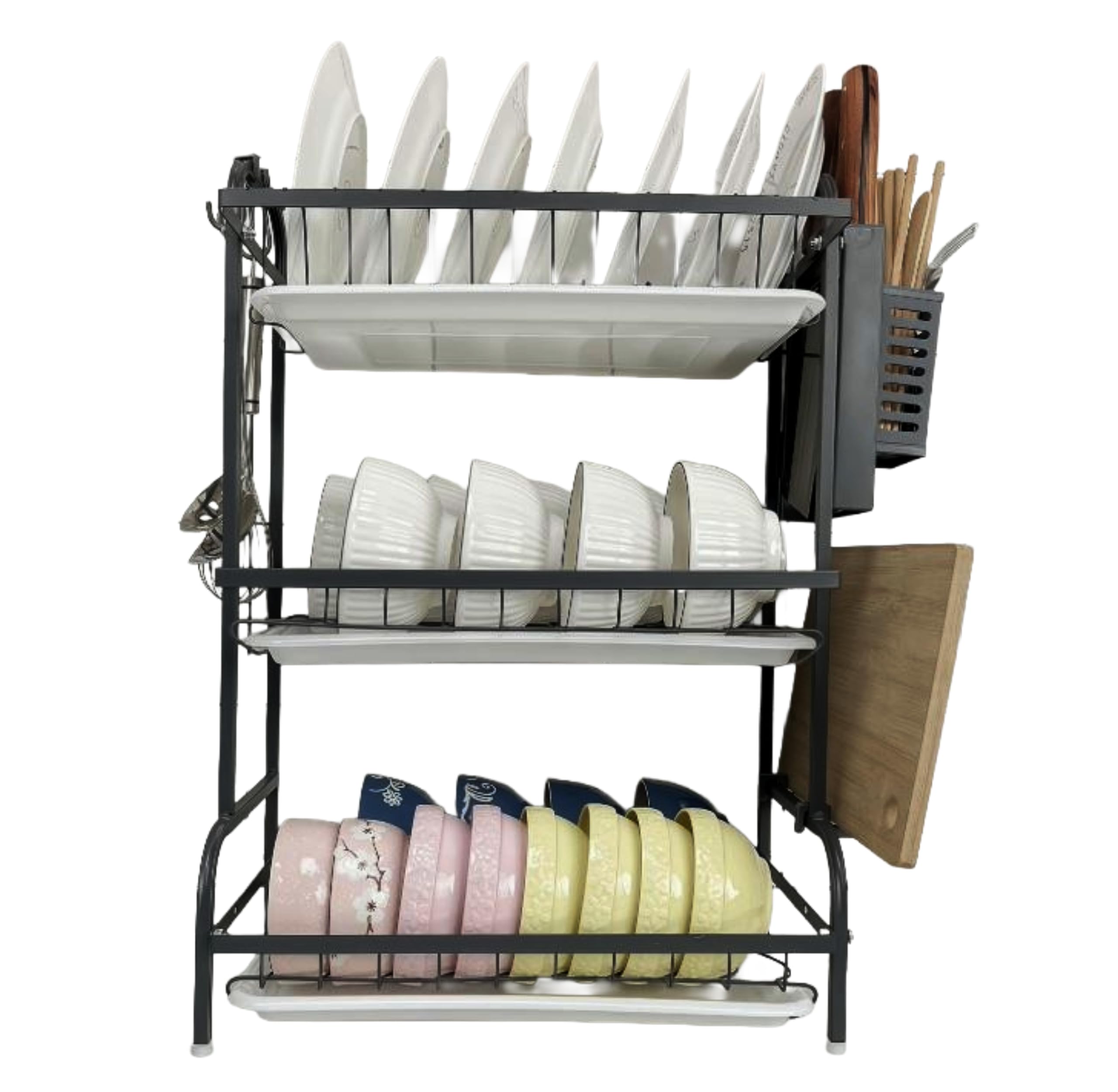 Magna Retail Black Sink Dish Drainer Rack | Draining Board | Drying Rack | Cutlery Drainer For Kitchen Counter | Removable Drip Tray (3-Tier)