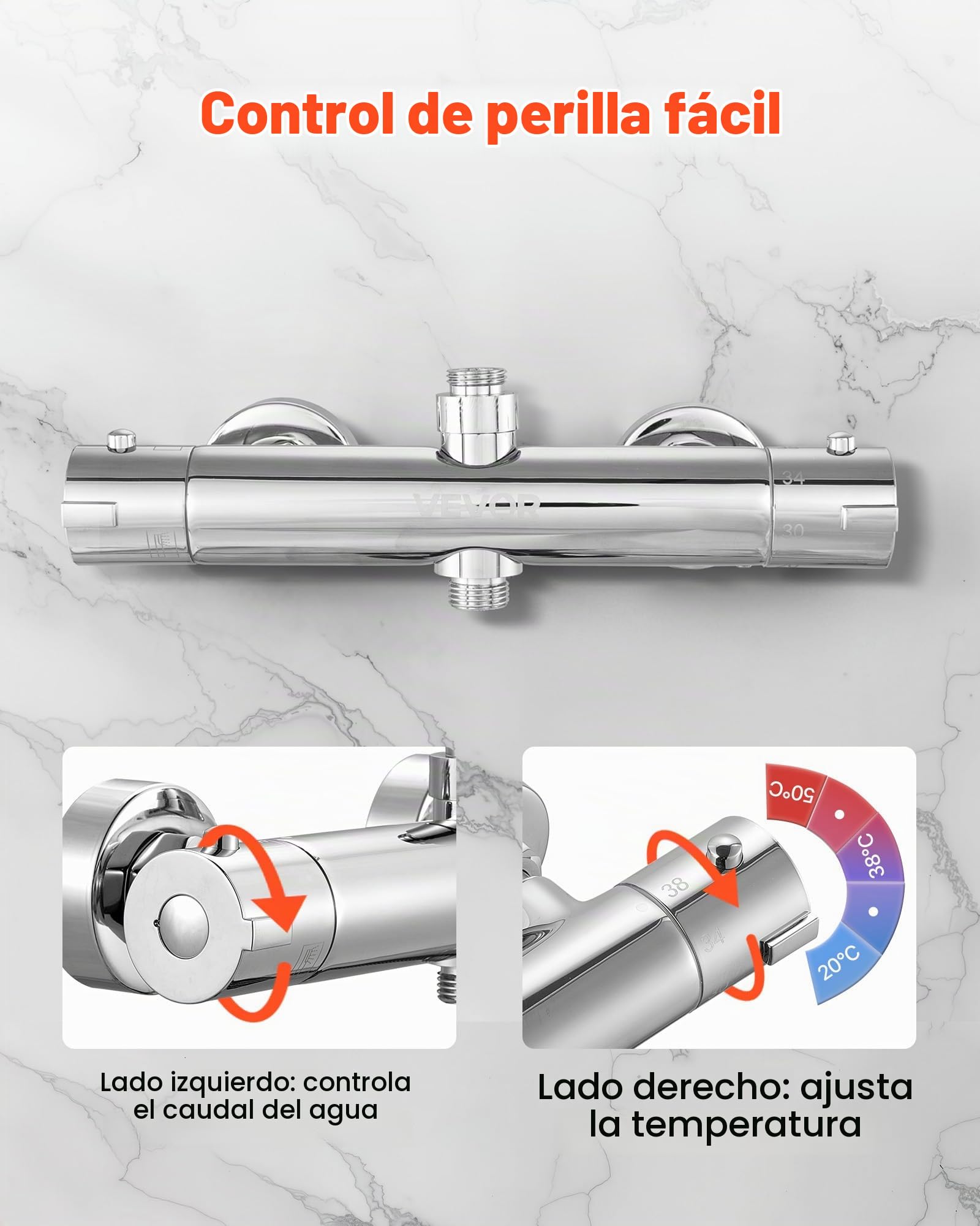 VEVOR Válvula Termostática para Grifo de Ducha, con Cierre Seguro 38 ℃, para Grifo de Ducha de Agua Fría y Caliente, con Temperatura Constante a Baño, Autocaravana y Caravana, 270 x 40 x 40 mm