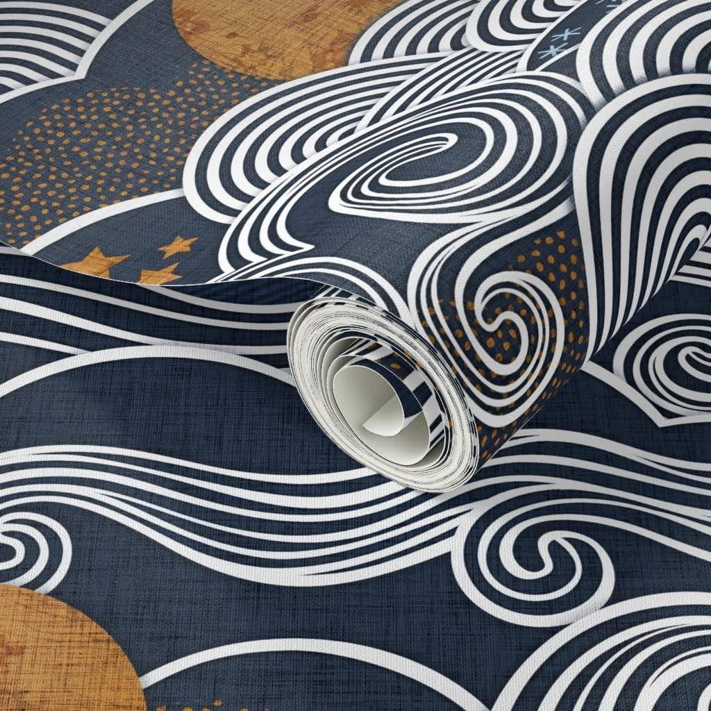 Spoonflower Peel & Stick Wallpaper 9ft x 2ft - Night Sky Moon Stars Clouds Blue Indigo Mustard Custom Removable Wallpaper