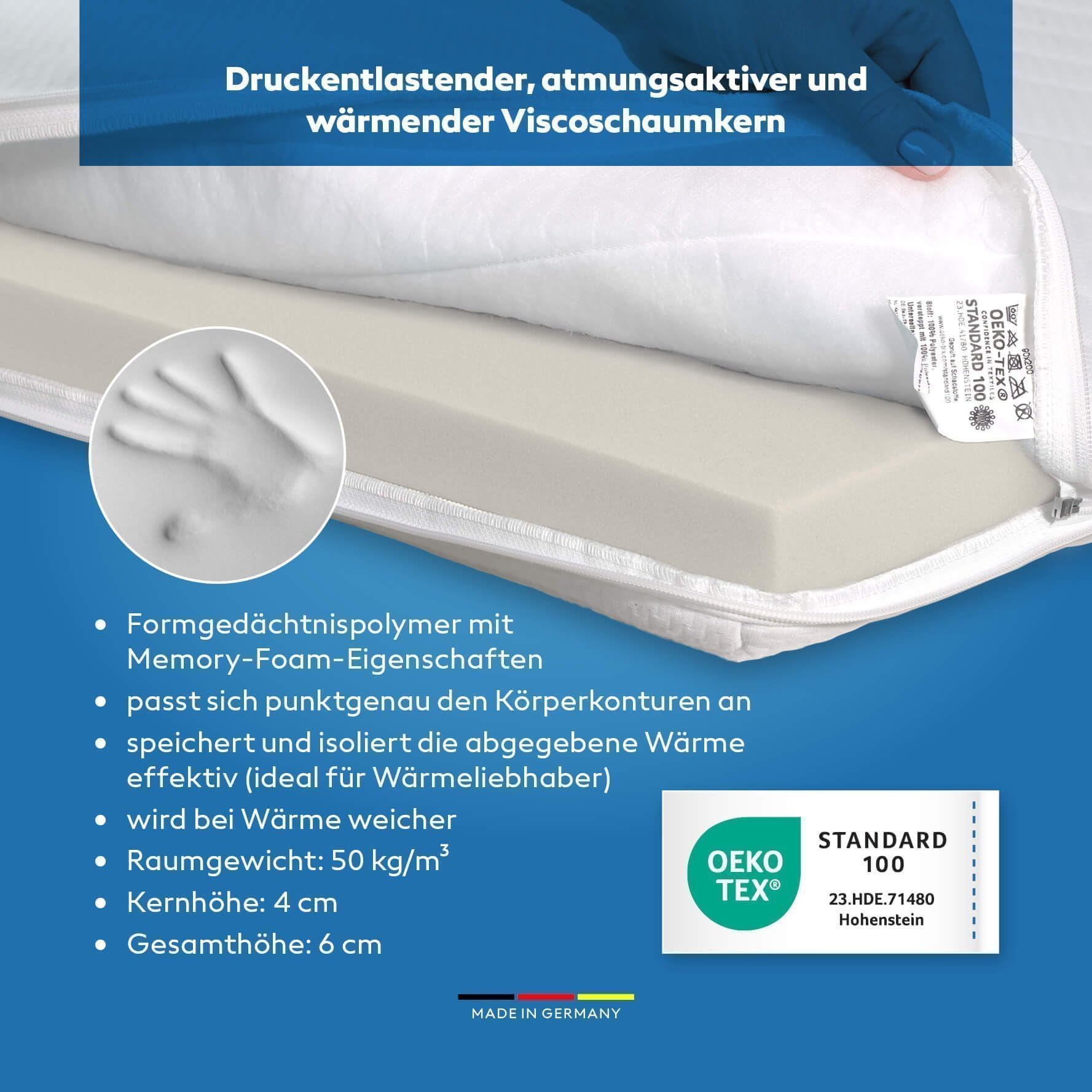 Visco Topper 160 x 200 cm – Suave y cálido – Memory Foam RG 50 – Öko-Tex® Standard 100 – Funda lavable a 60 °C – Cubrecolchón para canapé, sofá y cama – Fabricado en Alemania