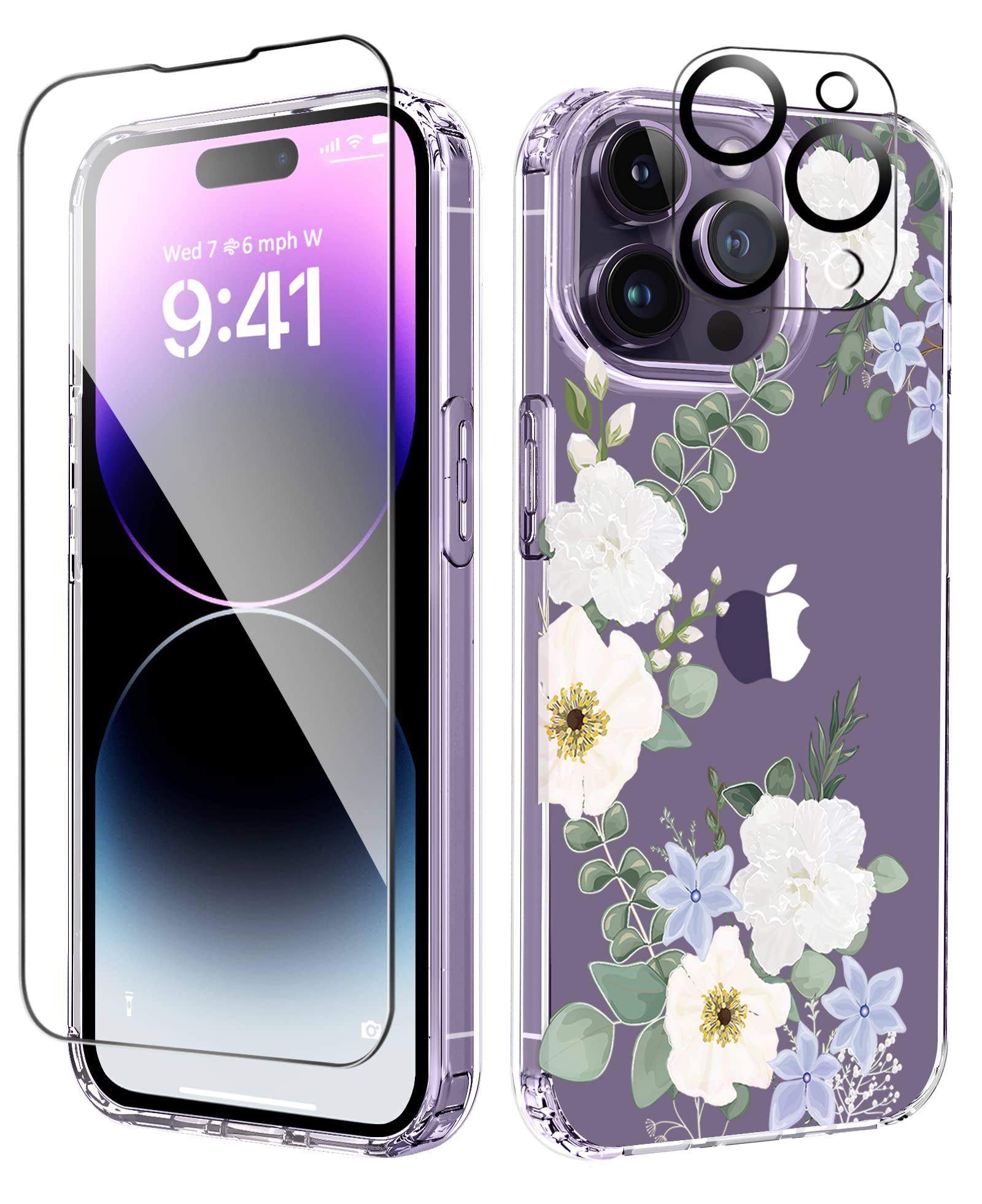MIODIK Compatible with iPhone 14 Pro Case with Screen Protector + Camera Lens Protector, [Anti-Yellow] Clear Floral Phone Case, Protective Shockproof Cover for Women Girls 6.1 Inch - Potentilla/White