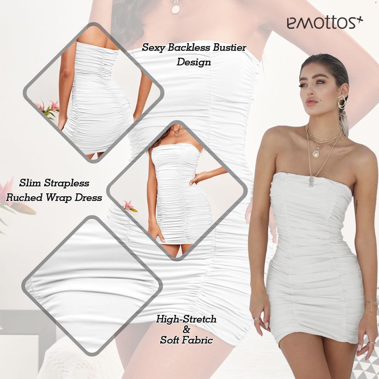 Sexy Mini Abito Increspato, Abiti Estivi Senza Maniche e Senza Spalla, Morbido Abito Bodycon a Doppio Strato, Mini Abito da Cocktail Club con Tubo a Matita(Nero/Bianco/Rosso, S-XL)