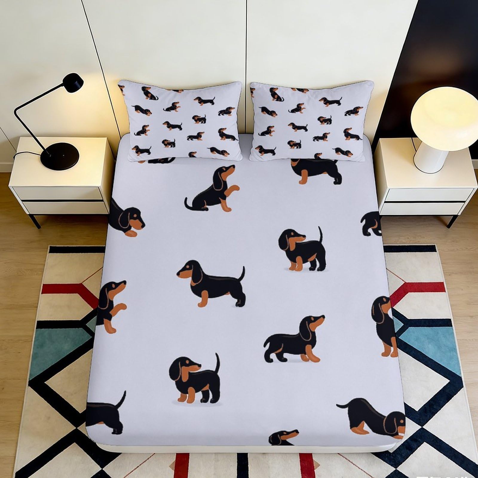 3D Printed Dachshund Pattern Fitted Sheet Microfiber Soft Breathable Dog Print Bed Cover for Bedroom Dormitory Guest Room Mattress Protection 120x200x25cm