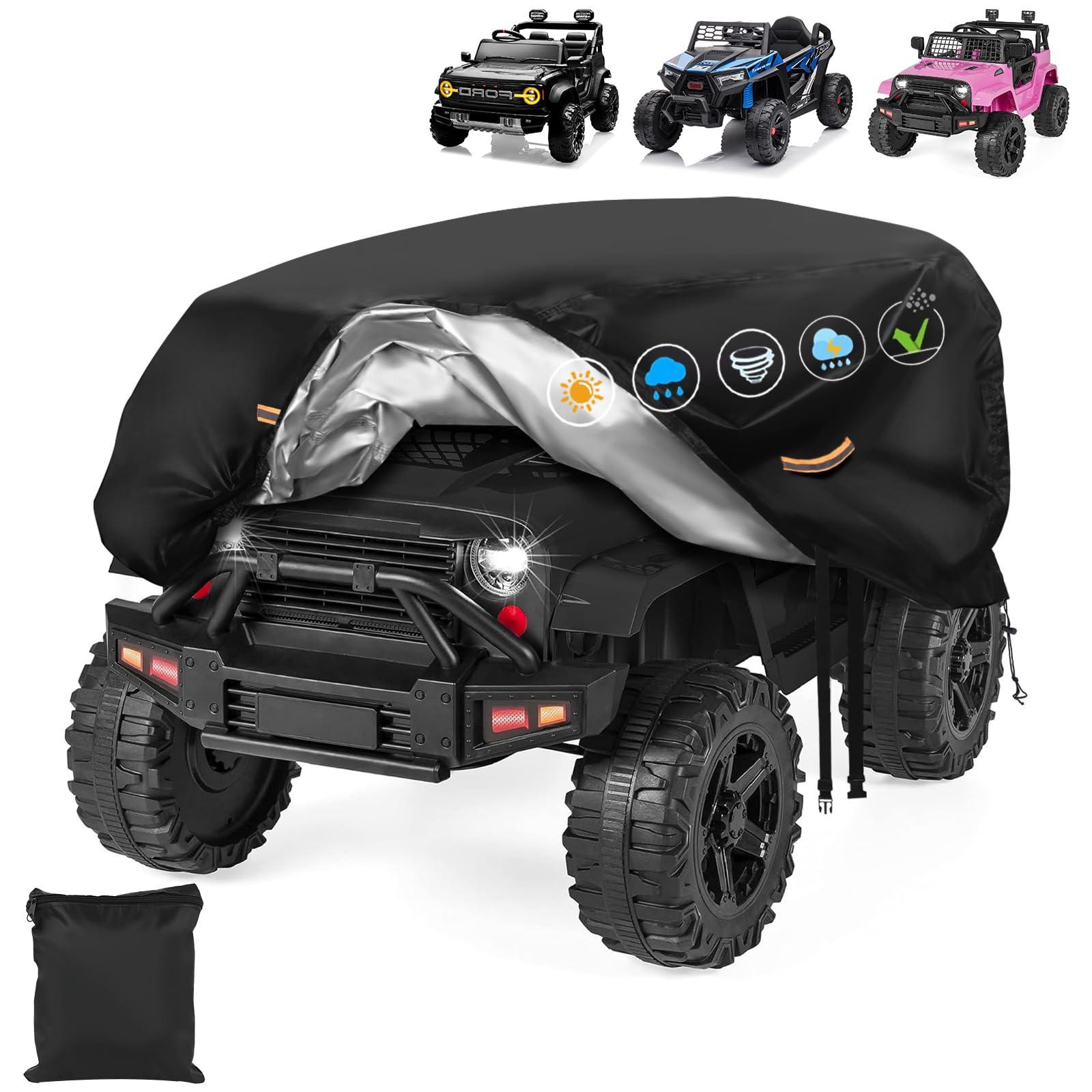Kids Electric Car Cover Waterproof, Heavy Duty 900D Outdoor Ride On Cars Cover Waterproof, Windproof Buckle, Reflective Strip, Universal Large Toy Car Cover Anti-UV Rain Dust All Weather Protection