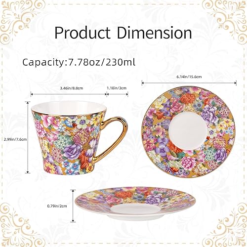 Miniatura 2 de KAMMAK Juego de 2 tazas de té y platillos, taza de café de porcelana con platillo para expreso, capuchino, taza de cerámica vintage de 7.5 onzas
