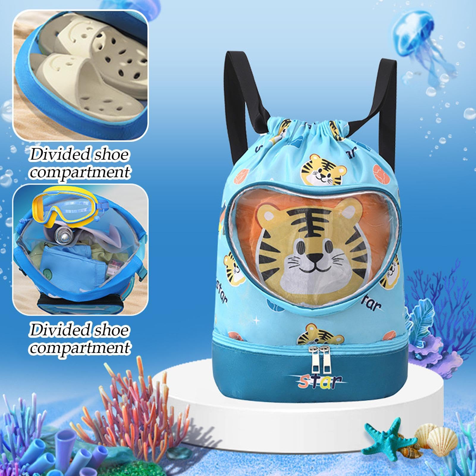 Mochila Impermeable para Niños Bolsa de Natación Compartimento Seco/Húmedo Ligera Cordón Playa Piscina Viajes
