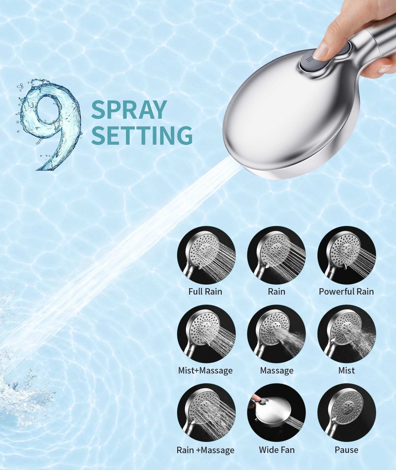 SR SUN RISE Alcachofa de ducha filtrada con mano, alta presión, 9 modos de pulverización, cabezal de ducha cromado con filtros, suavizante de agua para agua dura, elimina el cloro, reduce la picazón