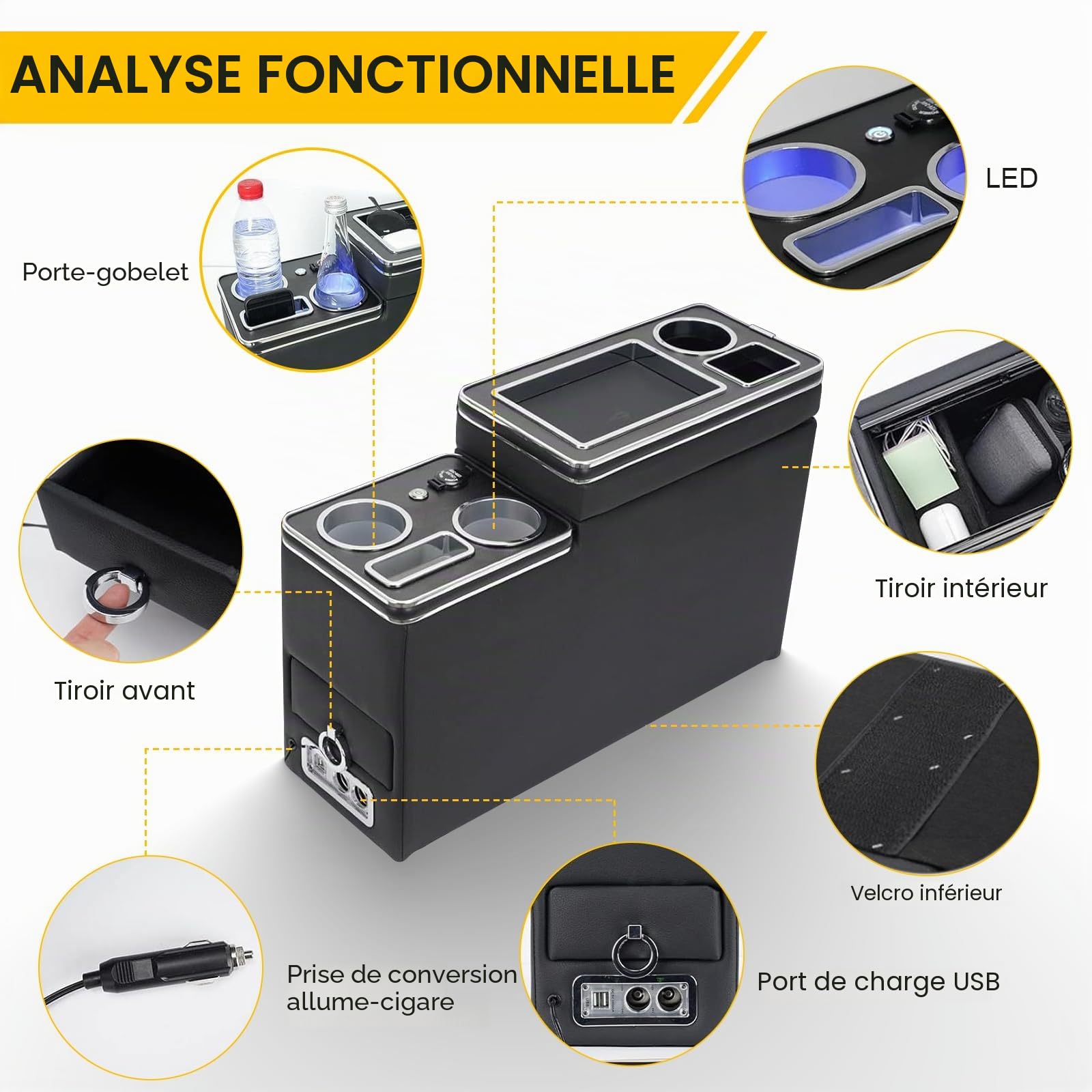 Console Centrale avec étagères de Rangement Compatible Avec VW T4 T5 T6 T7 | T6.1 2003-2019, Porte-Boisson Téléphone Cuir Noir Brillant Accoudoir Avec USB et Lumières LED, Allume-cigare
