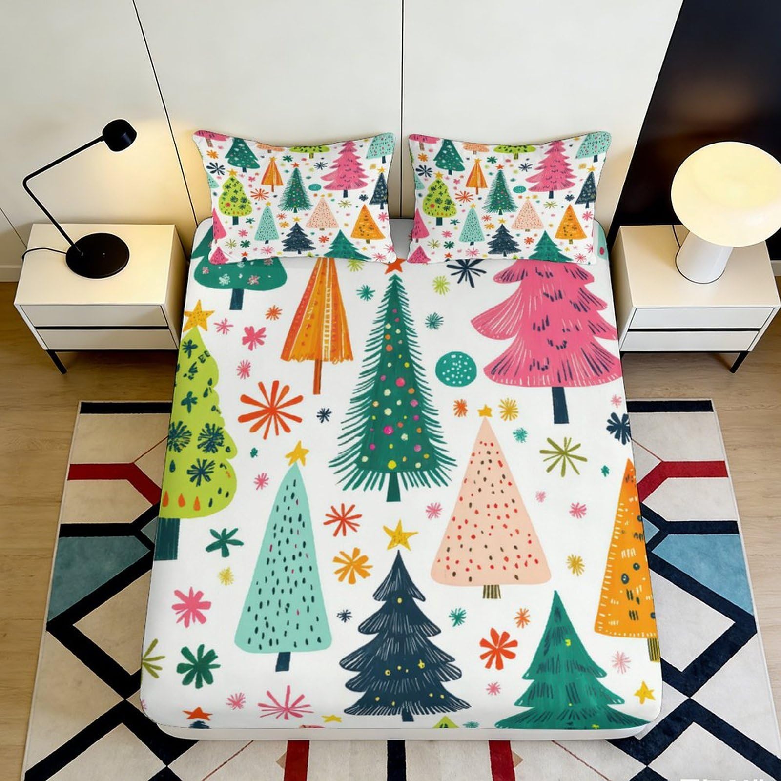 3D Printed Christmas Tree Fitted Sheet Microfiber Colorful Festive Bed Cover for Bedroom Guest Room Decor 90x200x25cm