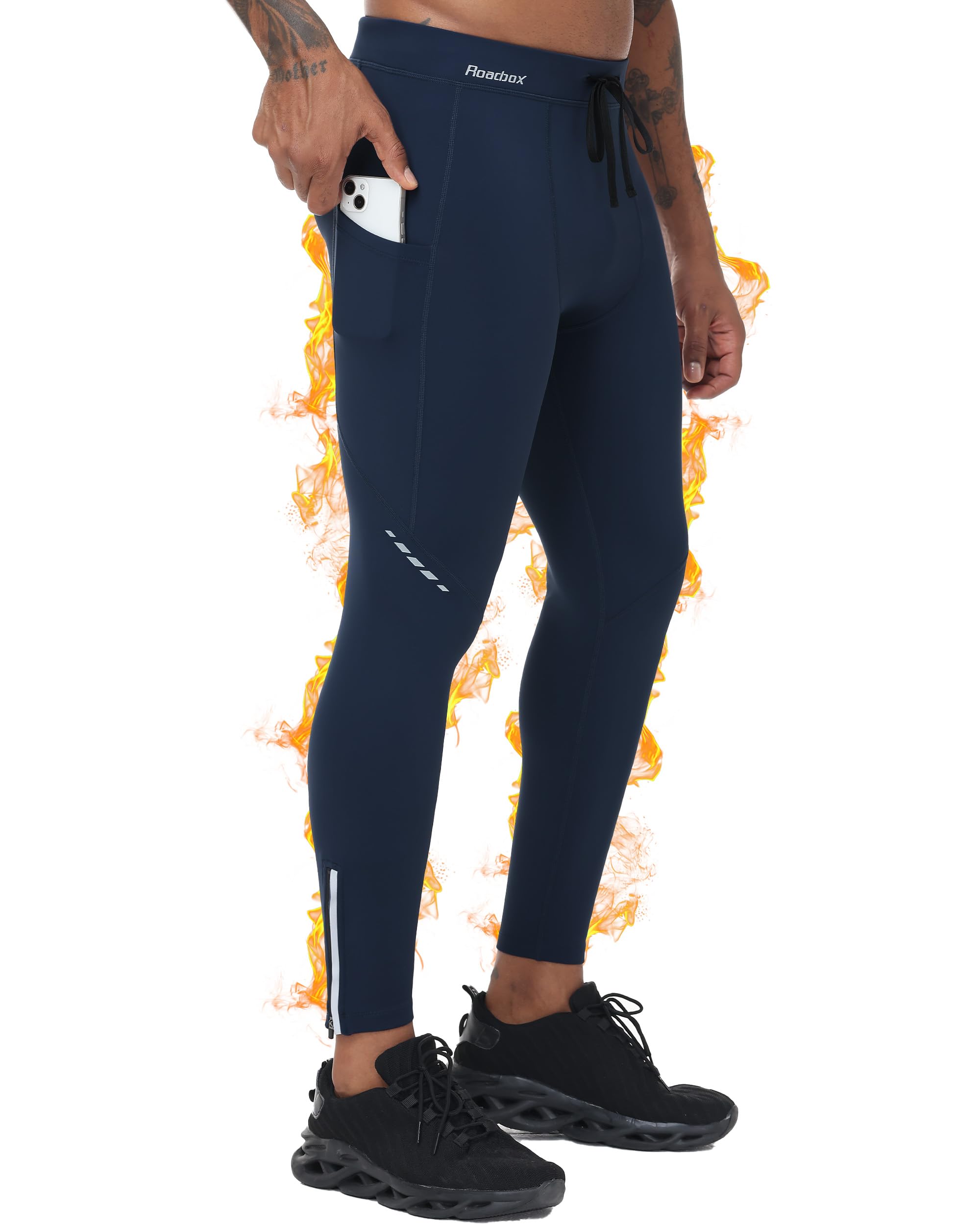 Mens Thermal Cycling Pants, Fleece Lined Running Tights Zipper Pockets, Winter Water Resistant Compression Leggings-image-3