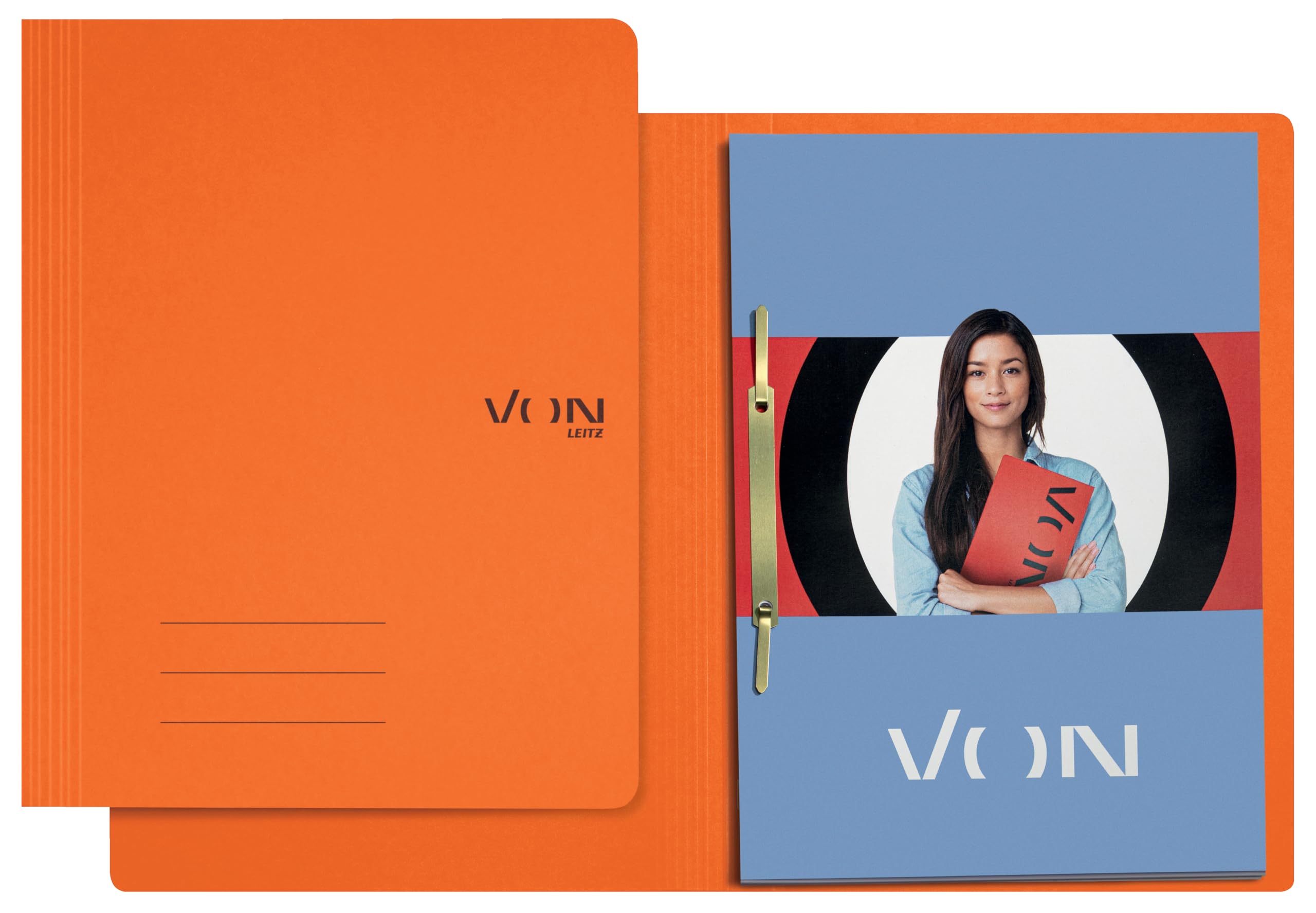 VON Leitz 30130045 Pack of 10 A4 File Folders, Cardboard, with Stapling Mechanism, for 250 Sheets, with Soft Cover, for School, Study and Home, Orange