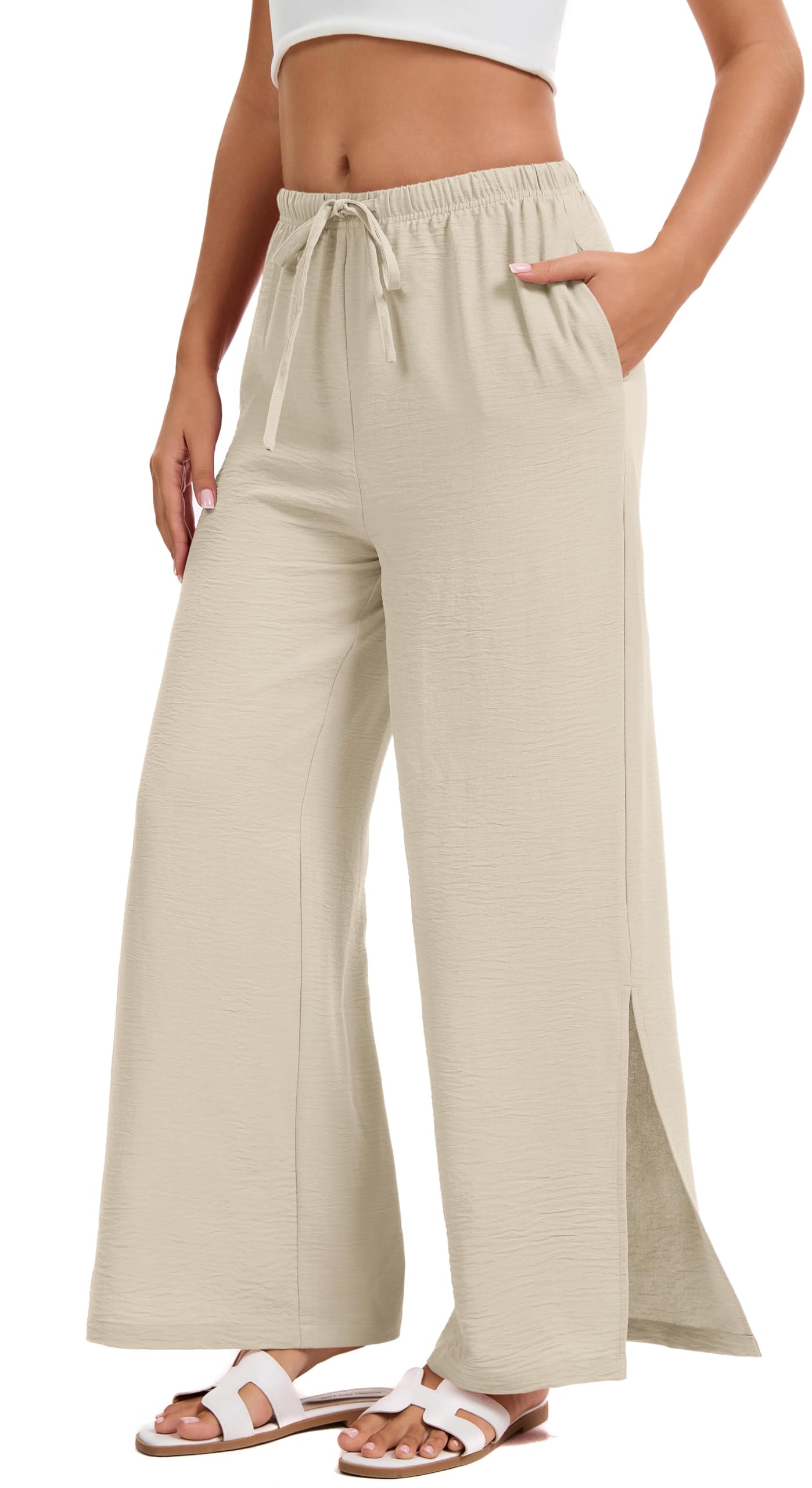 WUWUSK Yoga Stoffhose Damen Leichtweite Palazzo Hose High Waiste Strandhose Mit Kordelzug