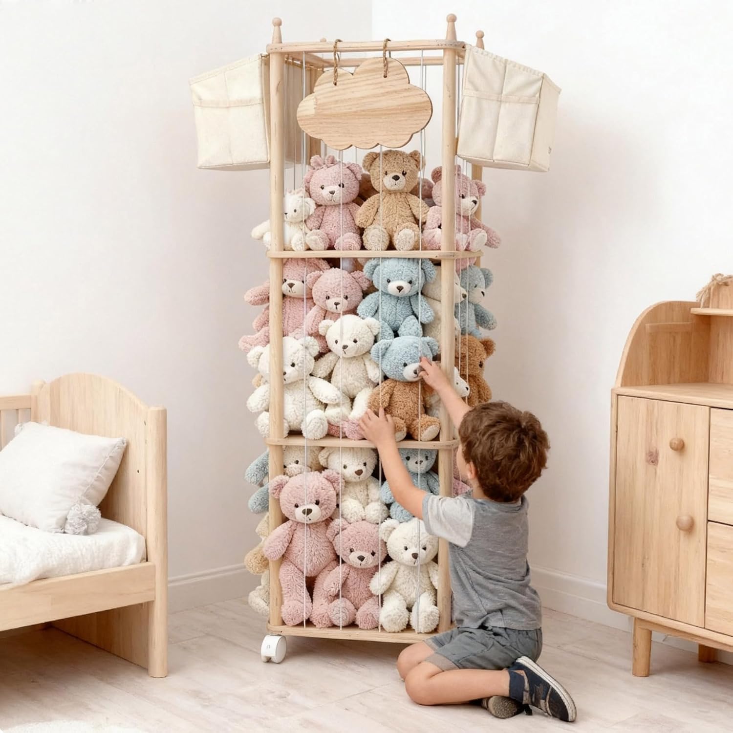 Stuffed Animal Storage & Organizer, with 2-Piece Large Detachable Toy Storage Bags, Wooden Tall Zoo Toys Storage with Wheels for Kids Playroom Kidroom Bedroom, Easy Assemble, 53 Inch