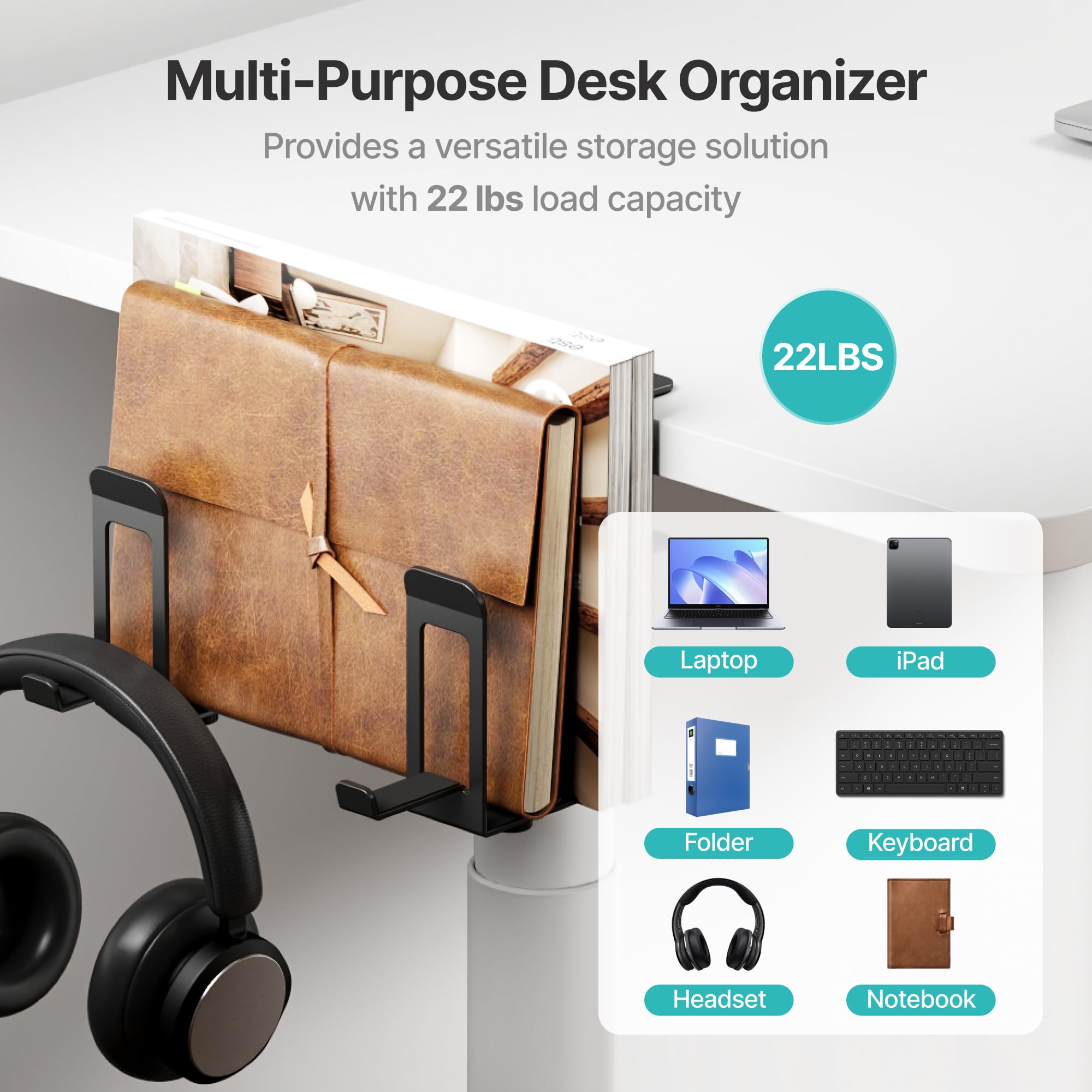 PEGZONE Supporto per laptop verticale, 2 slot sotto la scrivania, supporto per laptop, portaoggetti laterale da scrivania con supporto per cuffie, organizer per laptop per giochi in ufficio, nero