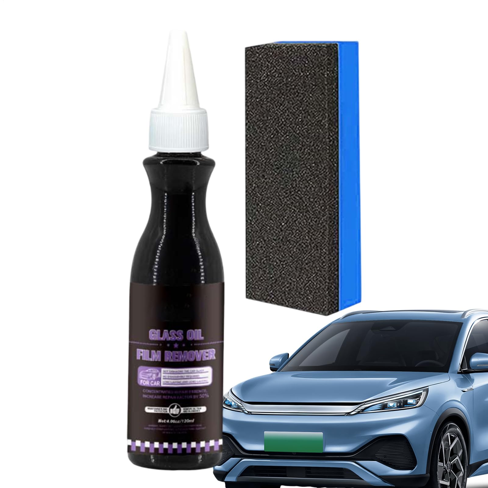 Car Oil Film Cleaner - Anti-Fog Window Cleaning Kit | 120ml Oil Film Cleaner with Sponge,for Automotive Vehicle Truck Van Suv Rv Bathroom