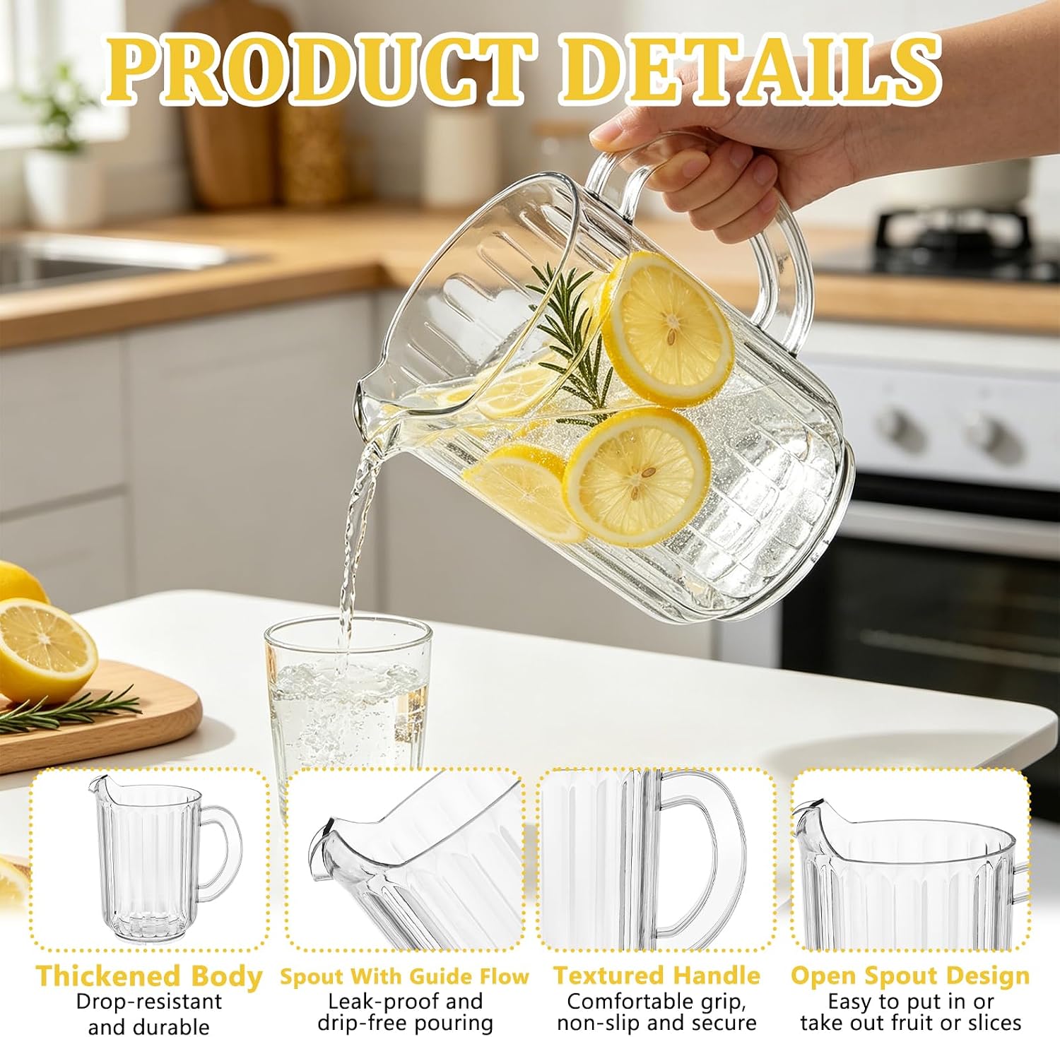12 Pack Clear Plastic Pitcher Set, 1.8L Large Water Pitcher with Handle, Heavy Duty Shatterproof Jugs, Commercial Grade Anti Drip Restaurant Pitchers for Juice, Lemonade, Iced Tea, Party, Home Bar