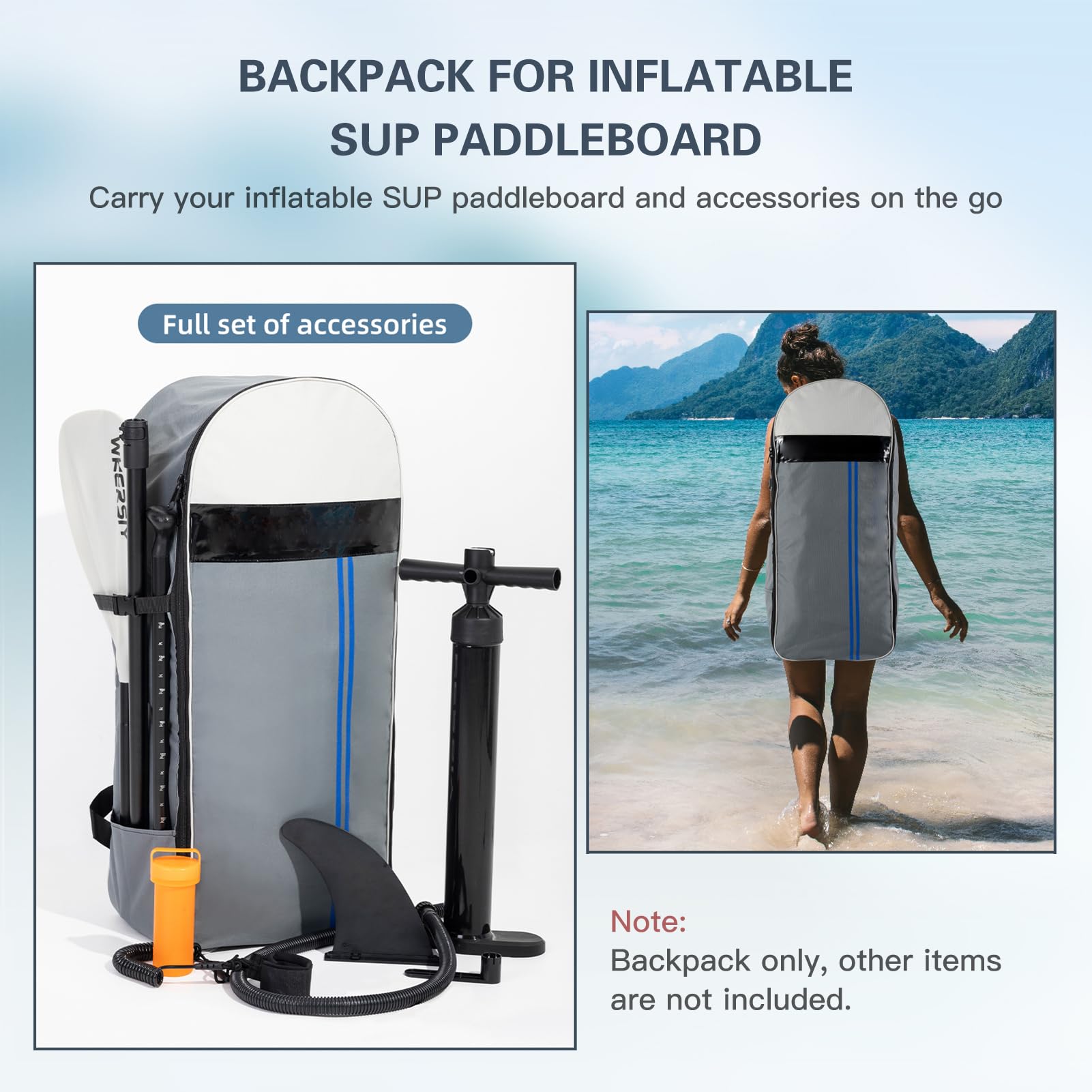 Kavolet Sac à dos pour planche de surf, sac de paddle gonflable, sac à dos de voyage, sac de transport avec fermeture éclair