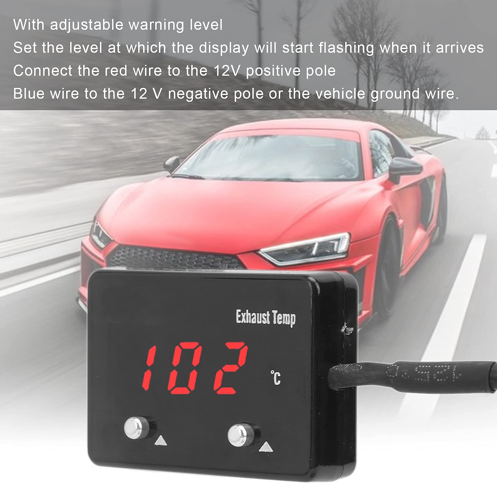 Medidor de temperatura de los gases de escape, medidor de temperatura de los gases de escape del coche, medidor EGT, pantalla digital LED roja, universal para vehículos de 12 V