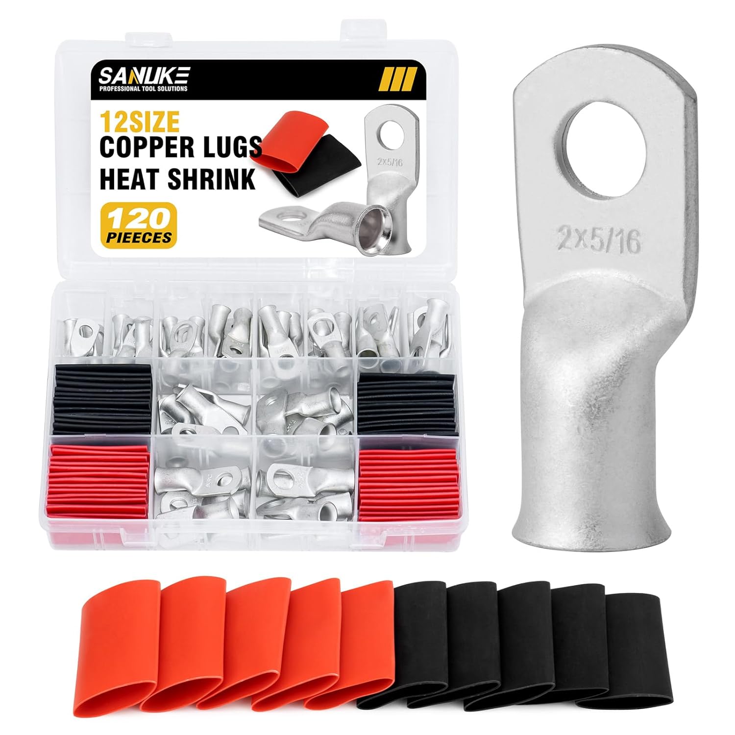 Sanuke 120Pcs Wire Lugs Battery Cable Lugs Marine Grade Wire Lug with Heat Shrink Set 60Pcs Heavy Duty Tinned Copper Tubular Ring Terminals Tinned Closed Battery Cable End Crimp Connectors AWG 8 6 4 2