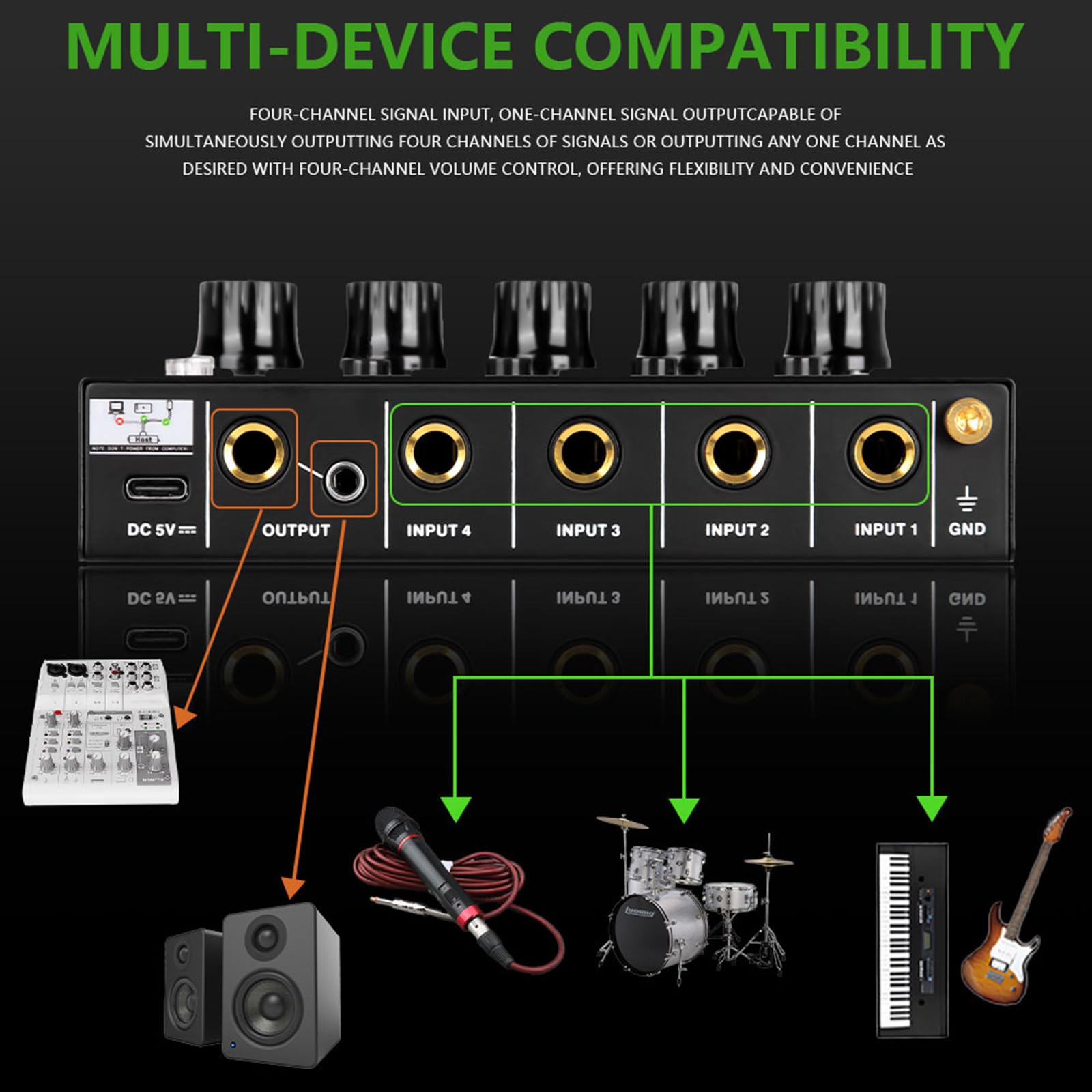 Mezclador auditivo portátil de 4 canales, diseño de metal, sonido profesional, compatibilidad con múltiples dispositivos, mezclador auditivo USB
