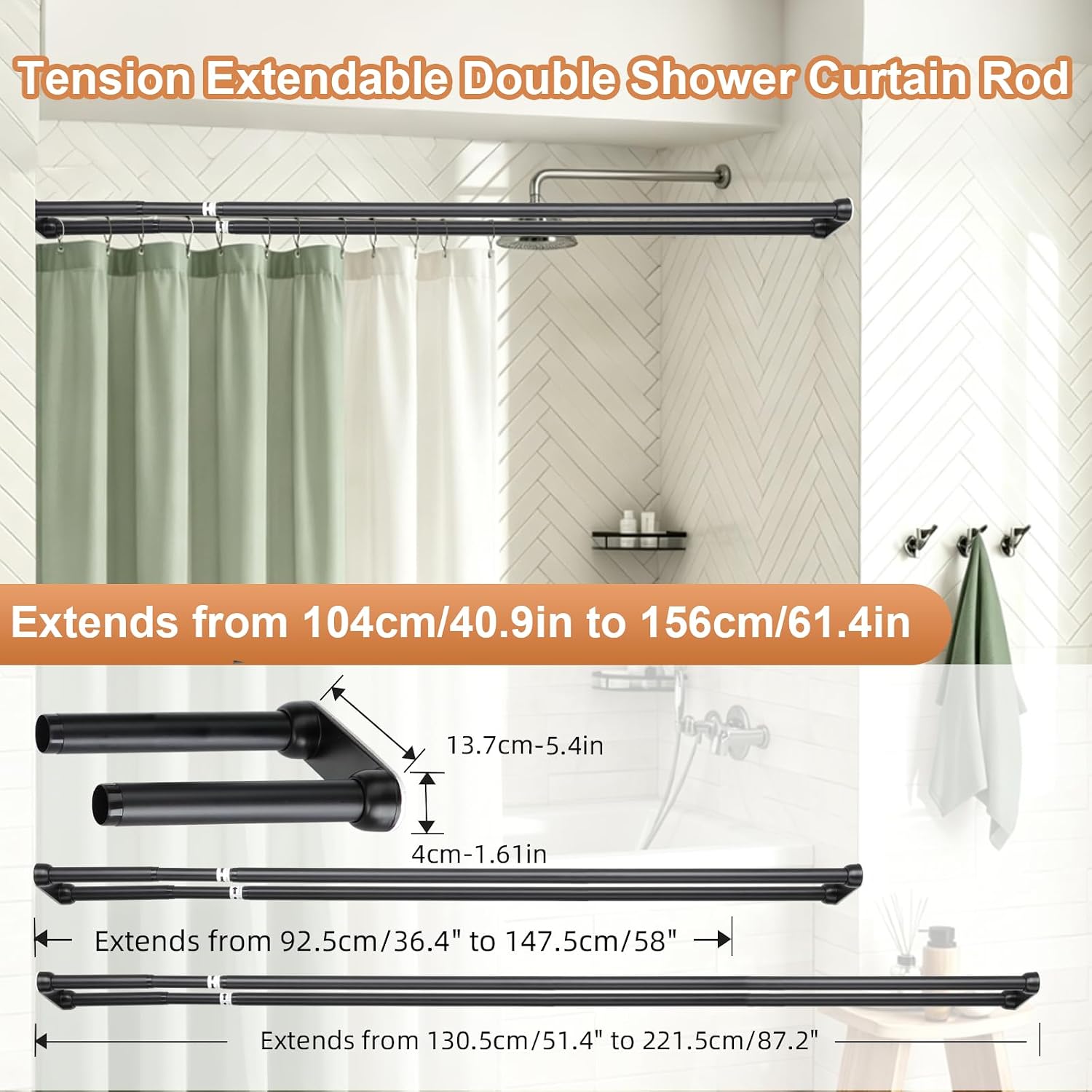 Tension Double Shower Curtain Rod, 36.4"-58" Heavy Duty Bathroom Shower Rod