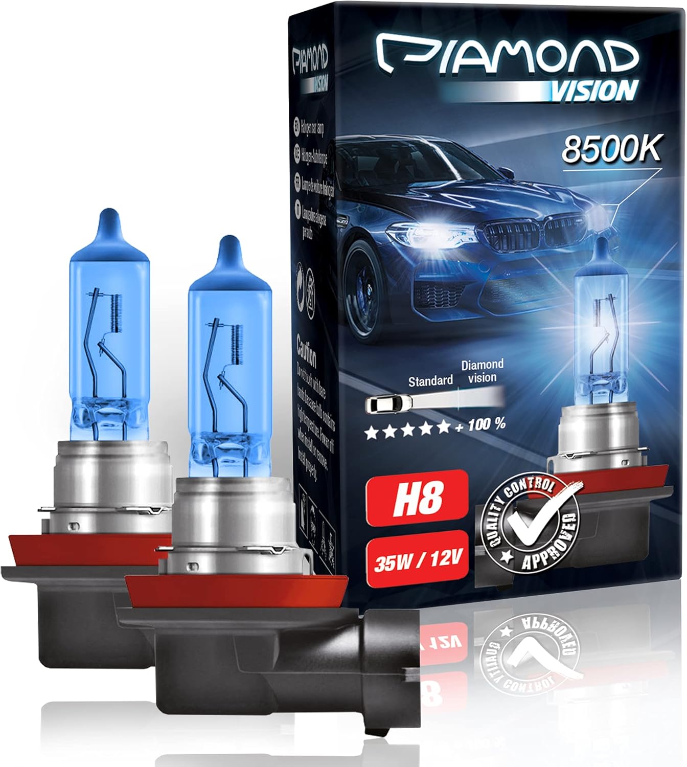 2 bombillas halógenas H8 12 V 35 W Diamond Vision efecto xenón, efecto xenón, muy blancas, 8500 K, luz de cruce, luz antiniebla, blanco frío, Duobox PGJ19-1