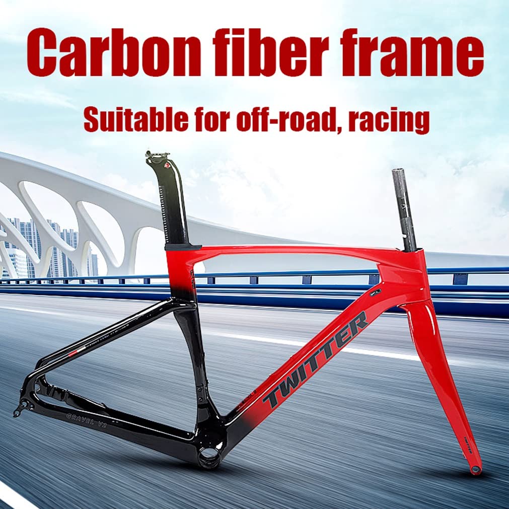 QHIYRZE Road Bikes Frame Fork Disc Brake 700C Carbon Road Off-Road Racing Frame EPS BB86 Bicycles Frame 45/48/51/54cm Thru Axle 12x100/12x142mm (Color : Red, Size : 51CM)