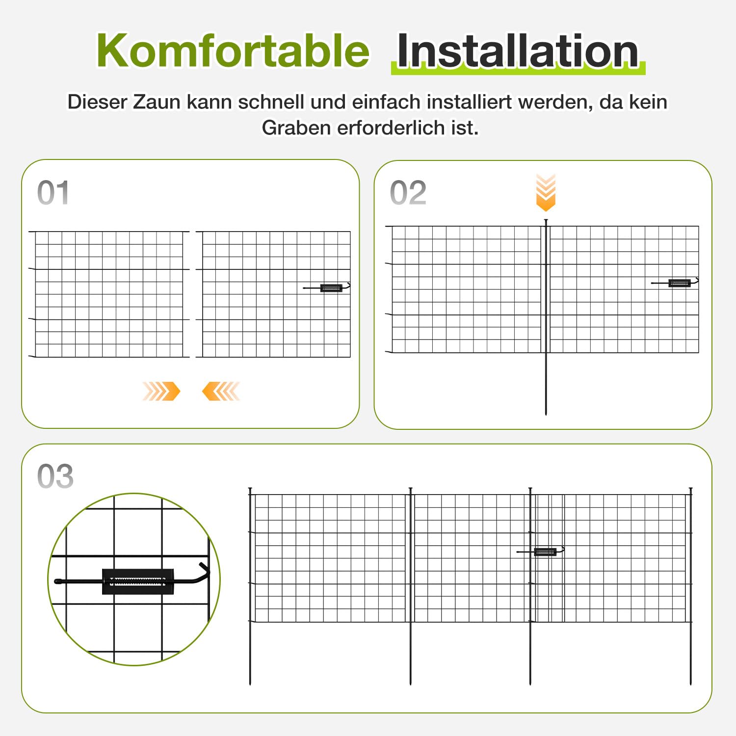 Dekorative Gartenzaun, Teichzaun Set 1 Tor+4 Teichzaun Steckzaun Metall mit Zaunelemente und Freigehege Gartenzaun Tiergehege, mit Schloss, Haustier Zaun (Gerade, Grün)