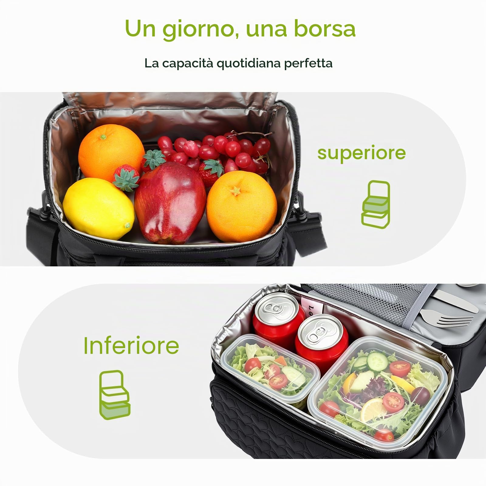 Doppio Piano Borsa Termica Porta Pranzo 11L - Isolata e Impermeabile Borsa Frigo Porta Pranzo Ufficio, Borsa Tote Portatile Ideale per Ufficio, Palestra, Yoga, Picnic, Viaggi, Nero
