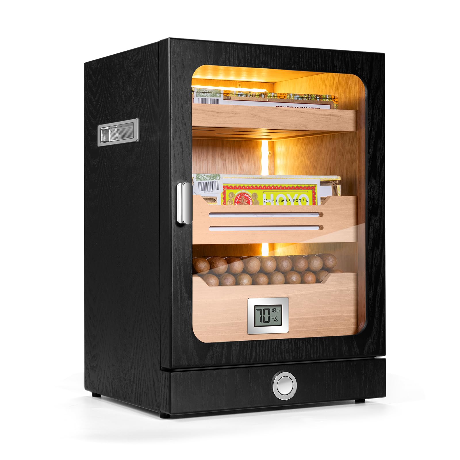 Zigarrenhumidor-Schrank mit 3 Regalen aus spanischem Zedernholz, Hygrometer, Befeuchter und Schublade für Zigarrenzubehör, große Tisch-Zigarrenkiste mit 150 Fächern für Zuhause und Büro (Schwarz)