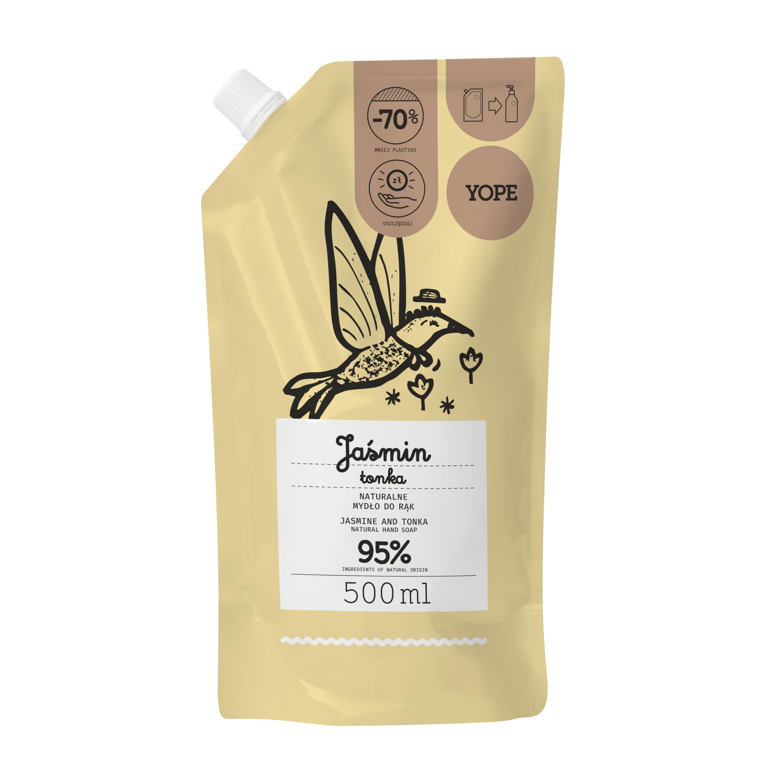 YOPE HAND WASH | MOISTURIZING | ALLANTOIN | 95% INGREDIENTS OF NATURAL ORIGIN | VEGAN | SCENT JASMINE & TONKA | 500ml