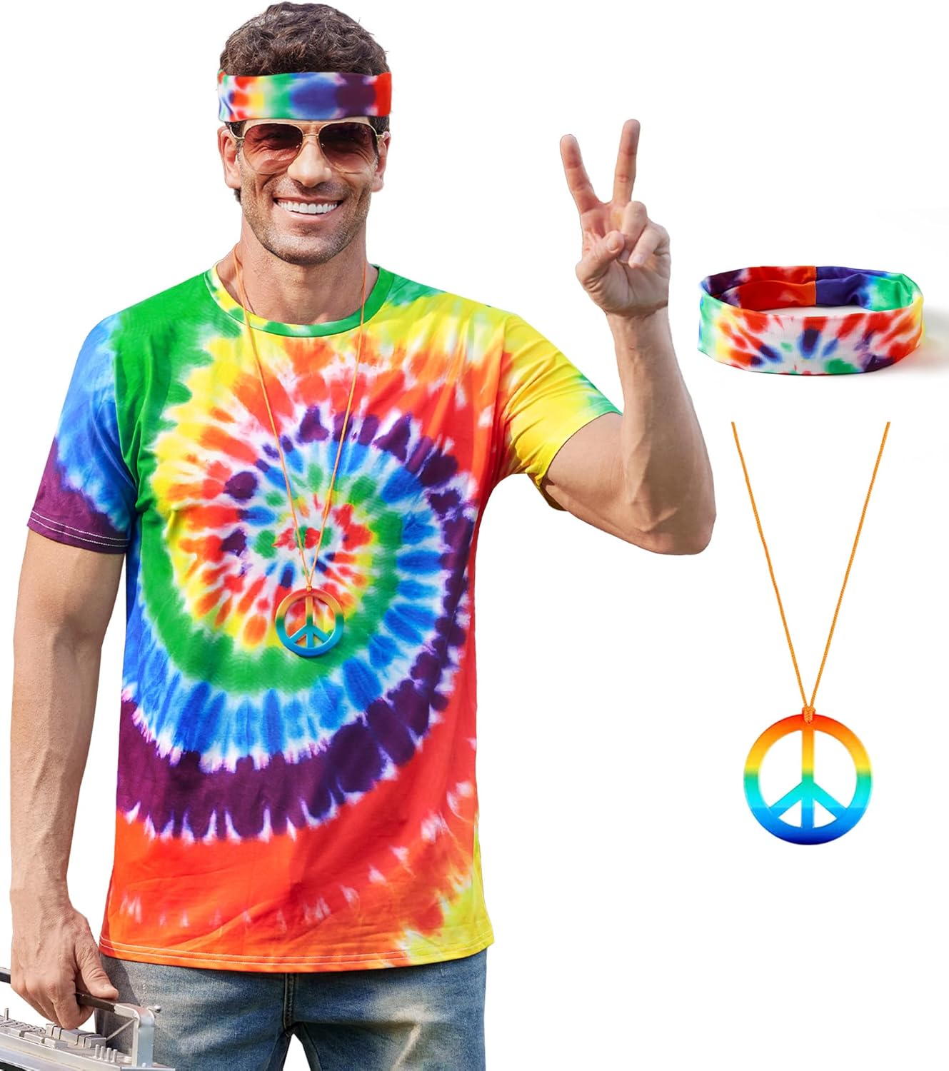 Mainfini Mens 60s 70s Outfits Hippie Costume Retro Colorful Themed Party Shirt (S-3XL)