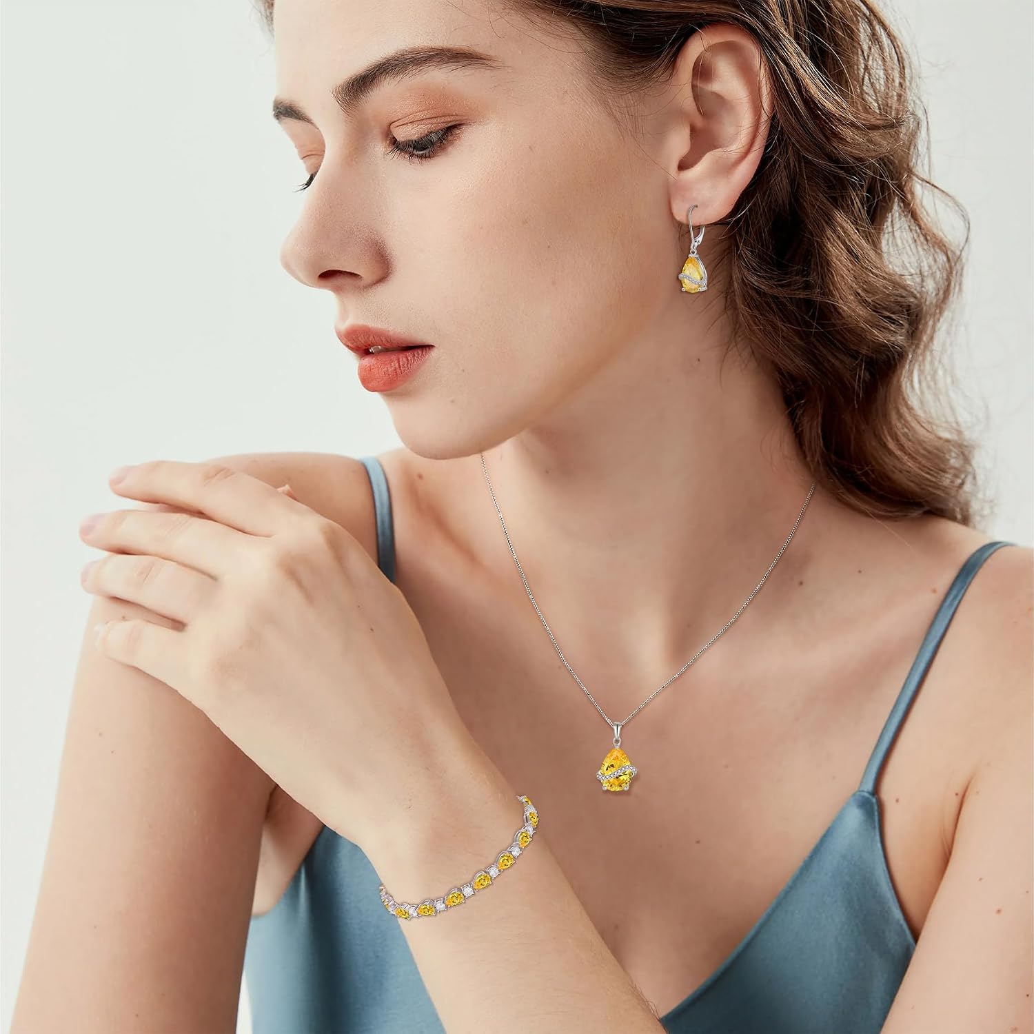 Citrine Jewelry Set 925 Sterling Silver Pear Shaped November Birthstone Earrings Necklace Bracelet Jewelry for Women