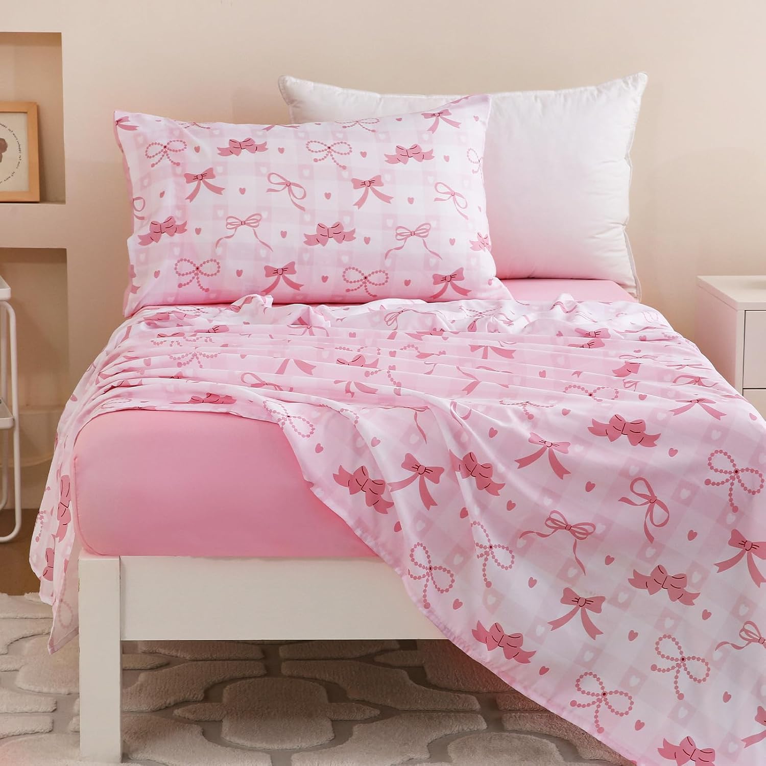 Toddler Size Pink Check Comforter Set for Kids, Toddler, Boys&Girls, 4 Pieces Bed-in-a-Bag Bedding Set, All Season Ultra Soft Oeko TEX Sheets Set with Comforter, (Pink Bow)