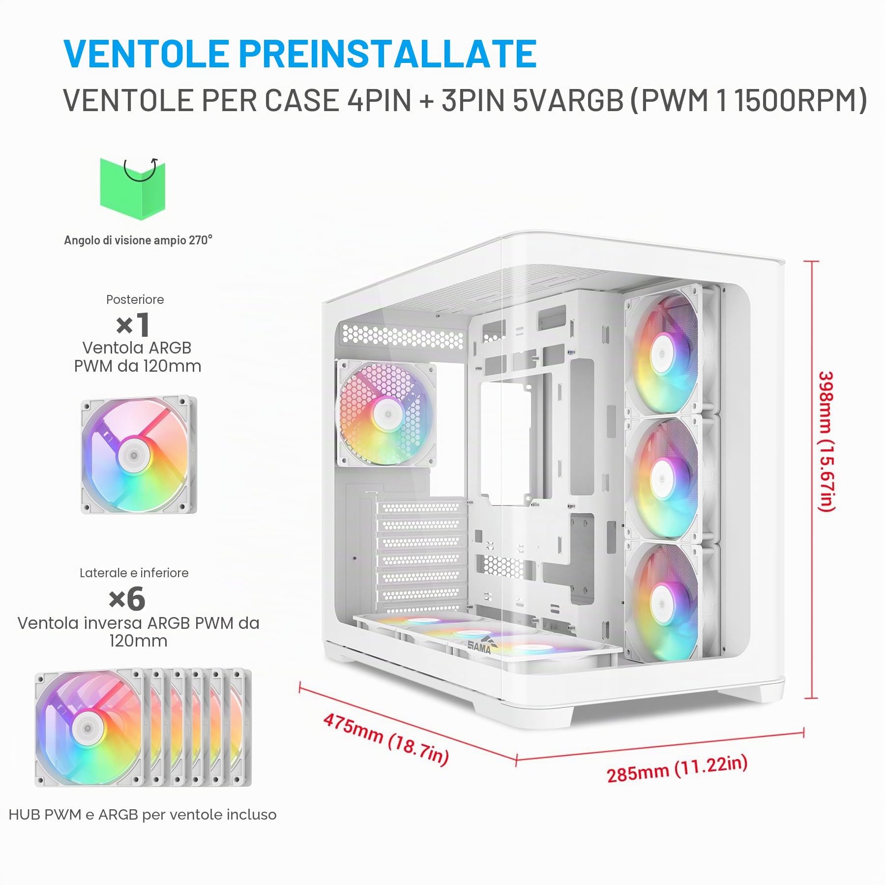 Case PC Mid Tower SAMA V60, Vetro Curvo, 7 Ventole ARGB, USB-C, Bianco | Case PC Gaming ATX ad Alto Flusso d'Aria, Compatibile Back-Connect, Supporto AIO 360mm