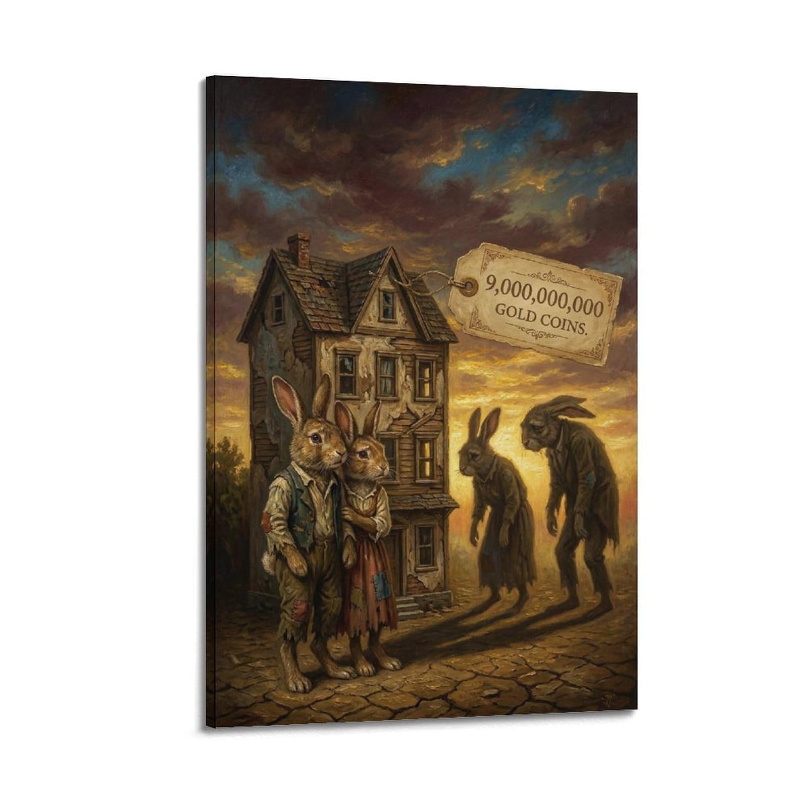 XKUGA Surreal Vintage Animal Poster Rabbit Real Estate Gold Coin Satire Modern Decorative Canvas Prints - Ideal Wall Art for Family, Man Cave, Game Room, Boys & Girls Bedroom 20x30inch(50x75cm)